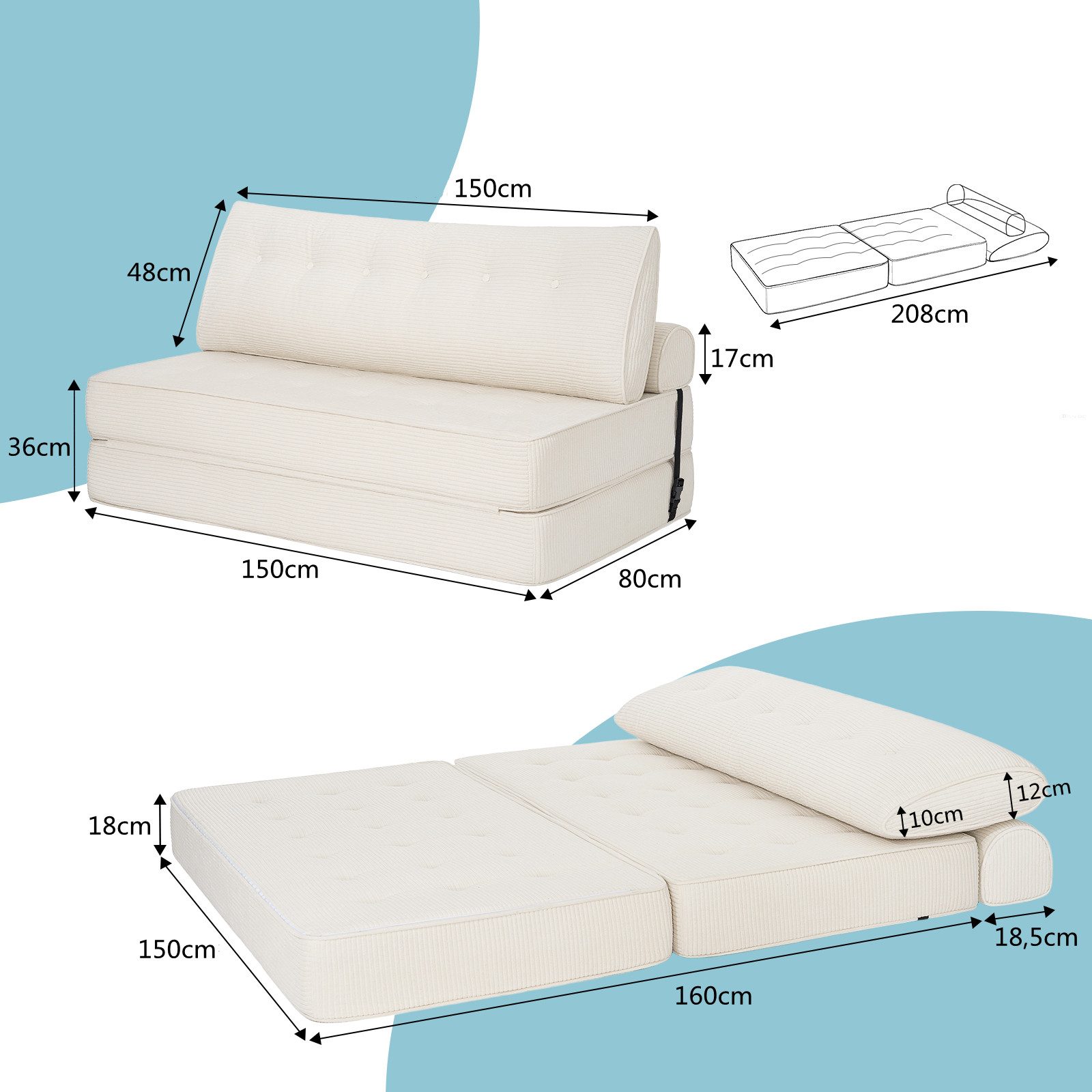 MECO Schlafsofa 3-in-1 umwandelbarer Klappsofa Bett Schlafsessel mit Kissen, 2 Sitzer Bodensofa Schlafcouch 150×80x36 cm – Bild 5 von 5