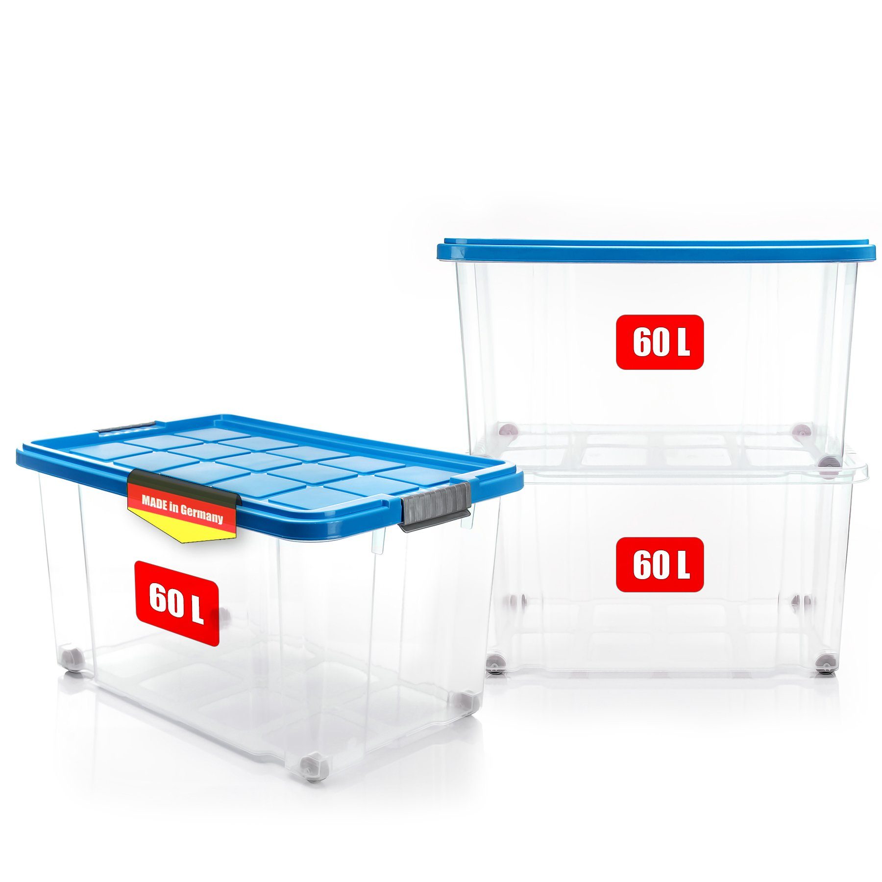 BigDean Aufbewahrungsbox 60 L mit Deckel groß – robuste Stapelbox rollbar mit Klickverschlüssen (Set, 3 St., Aufbewahrungsbox + Deckel + Rollen), Sicher Stapelbar, Platzsparend, Transparent, Rollen, Klickverschlüsse