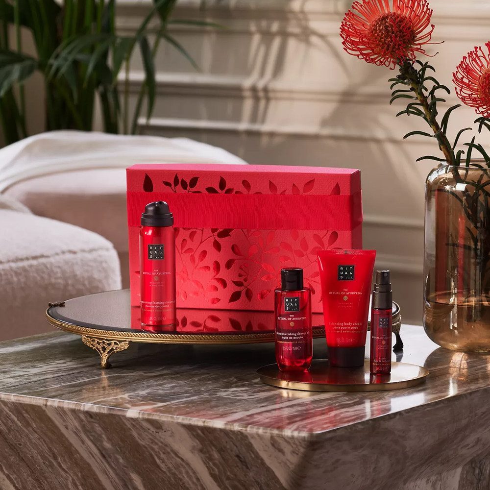 Rituals Pflege-Geschenkset Luxus-Pflegeset Limited Edition Ayurveda Geschenkset S 2025, 4-tlg., 4-teiliges Pflegeset mit Duschschaum, Body Cream, Öl & Peeling