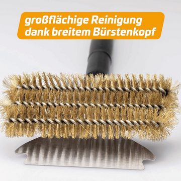 Grillfürst Grillbürste Grillfürst Grillbürste Messing für Gusseisen Roste, mit breitem 3-fach Bürstenkopf und Schaber