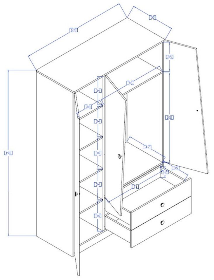Feldmann-Wohnen Kleiderschrank Nero (unten 2 4 links Kleiderstange) Türen, 120cm & rechts Einlegeböden, 1 Rollenschubführung, Schubladen 1 mit Ablagefach 3