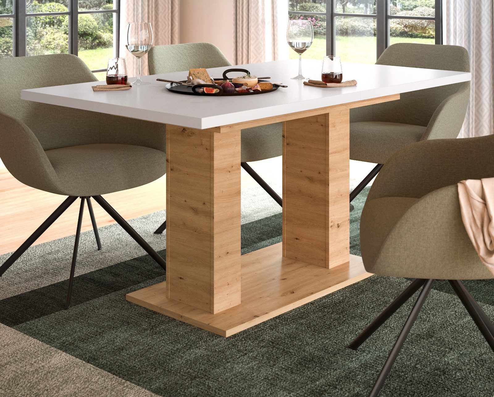 Inn.Furn Säulen-Esstisch Home-X (Küchentisch in Weiß und Eiche Artisan, ausziehbar 150 - 190 cm, bis 8 Personen), mit stabiler Doppel-Säule