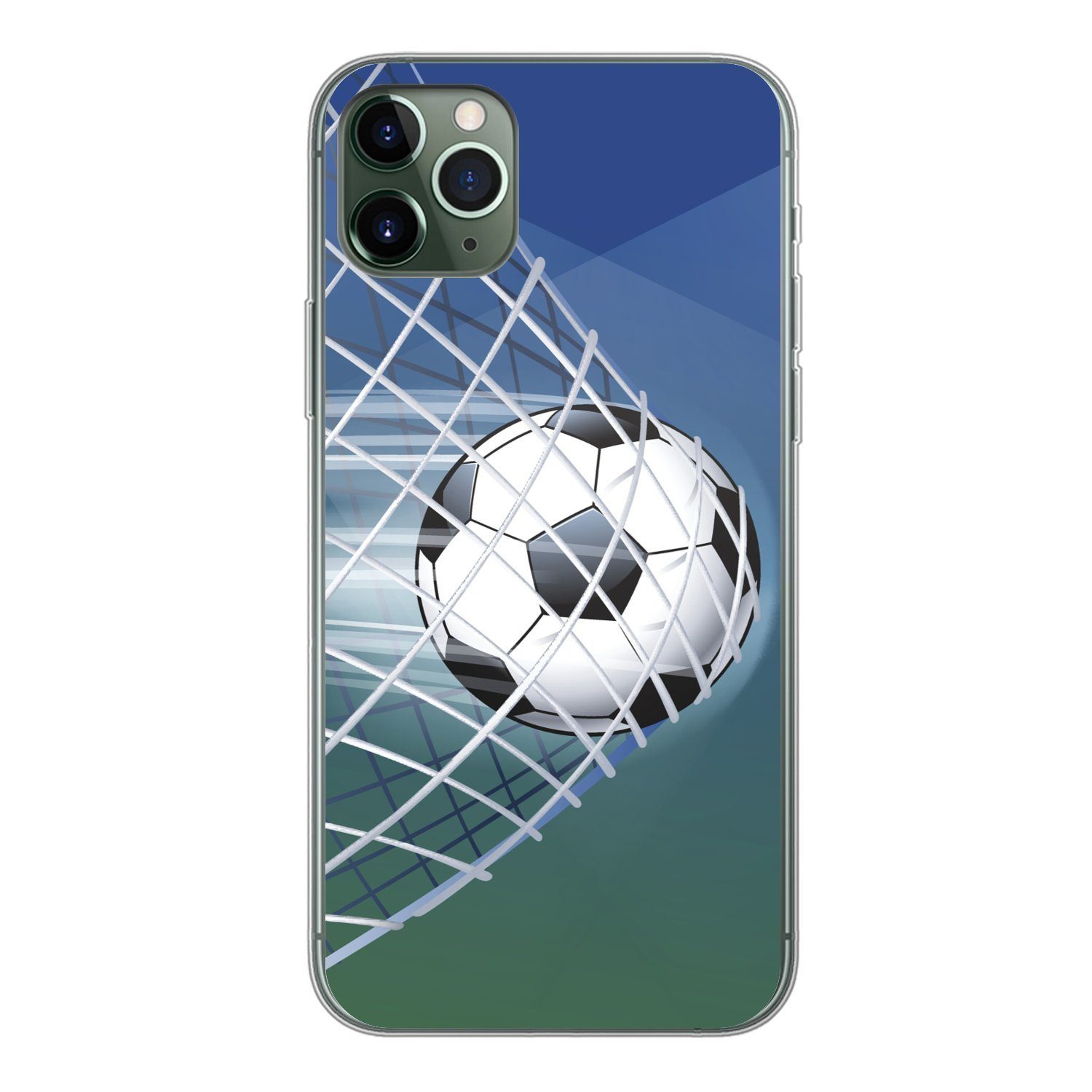 MuchoWow Handyhülle für Apple iPhone 11 Pro Max Eine Illustration eines Fußballs im Netz -, Smartphone-Bumper, Print, Handy Schutzhülle Dünn