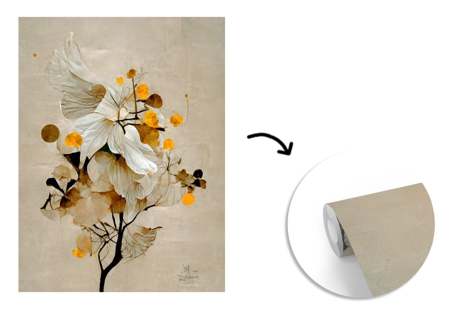 Wandtapete Tapete - Vintage, für St), Montagefertig Pflanzen Fototapete Blumen Wohnzimmer, Gold - Vinyl (4 Matt, - bedruckt, MuchoWow