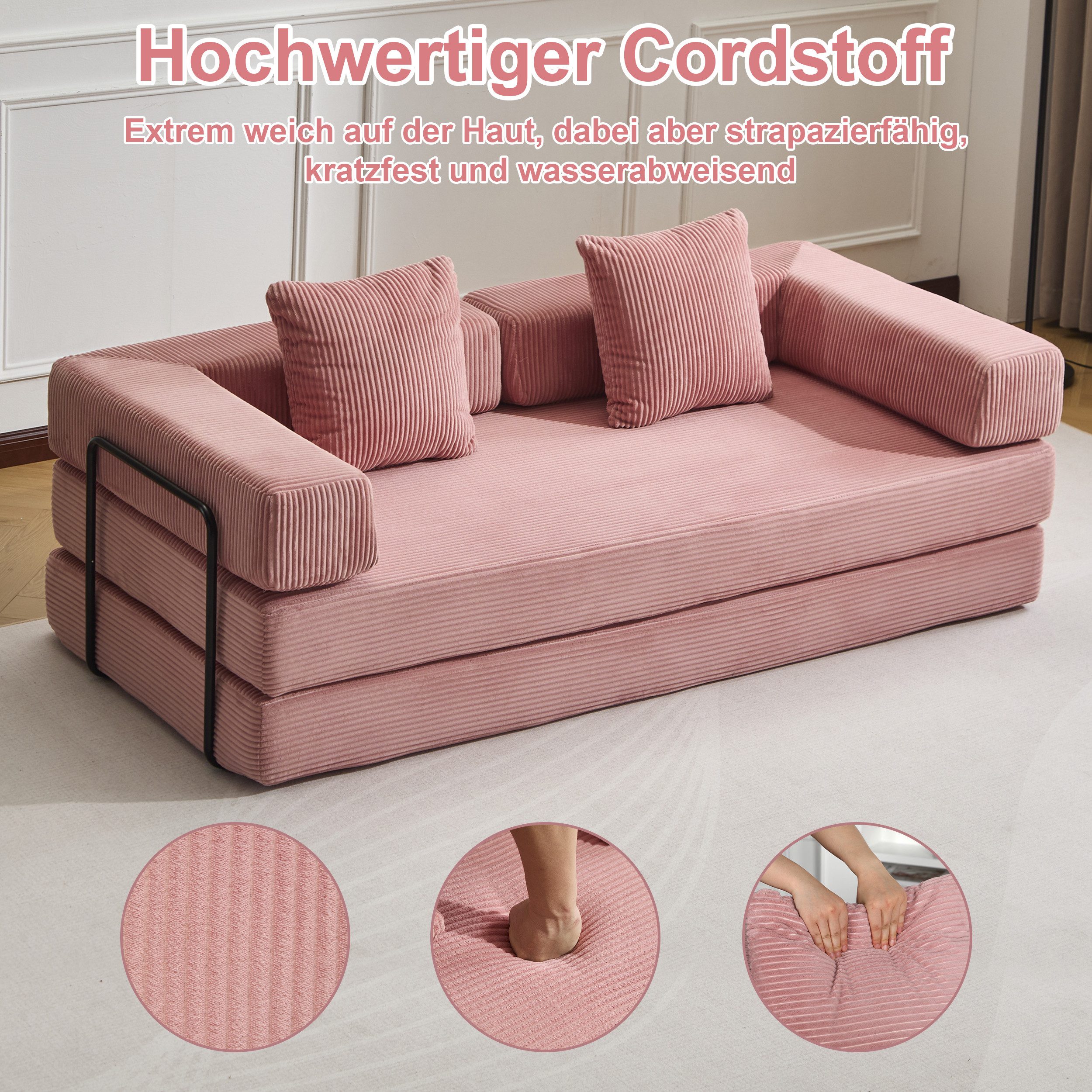 Leawin Sofa 4-in-1 Wohnzimmersofa mit Bettfunktion – faltbares Cord Schlafsofa, Bequemes & modernes Schlafsofa aus Cord – ideal für kleine Räume