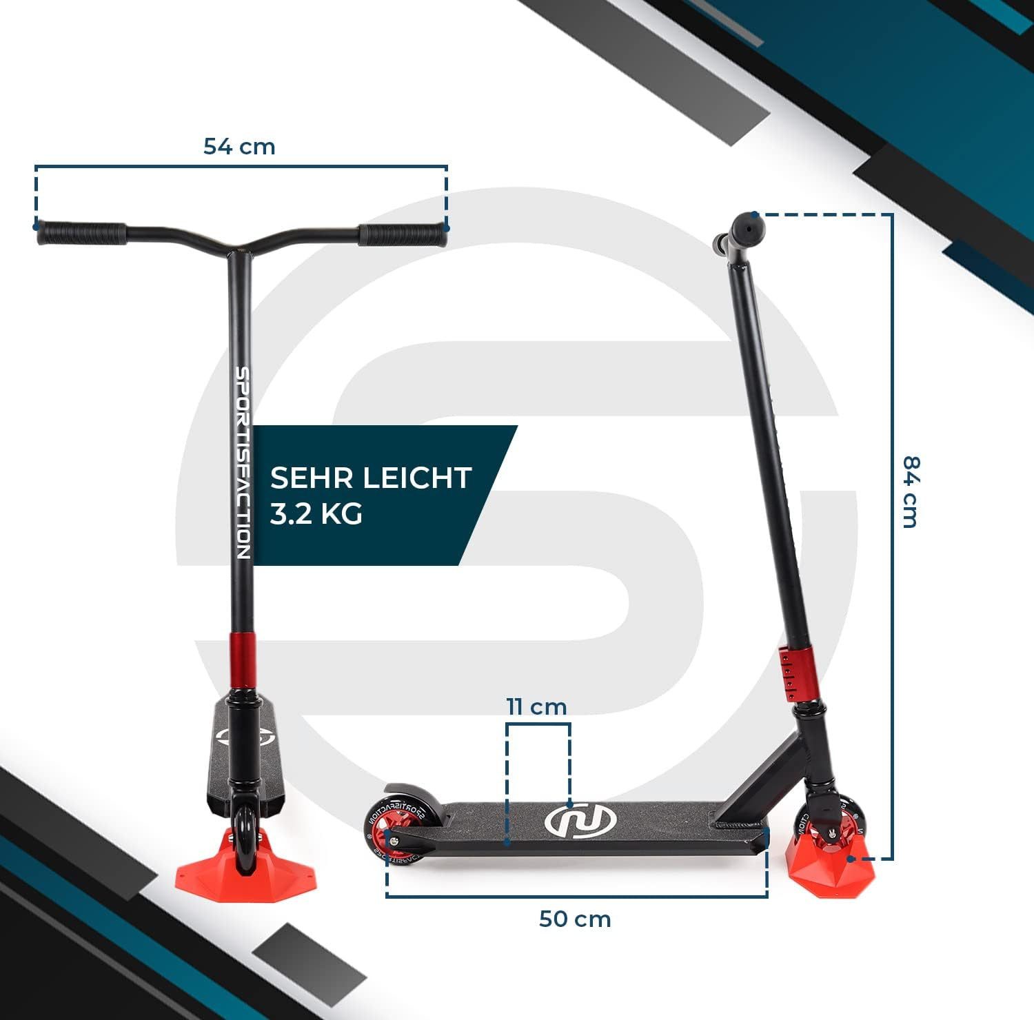 Sportisfaction Stuntscooter Stuntscooter Rot ABEC11 Kugellager 4-fach Klemme Belastbar bis 100kg, Profi Roller für Tricks & Rampen Alu-Deck 50x11cm Robustes Design