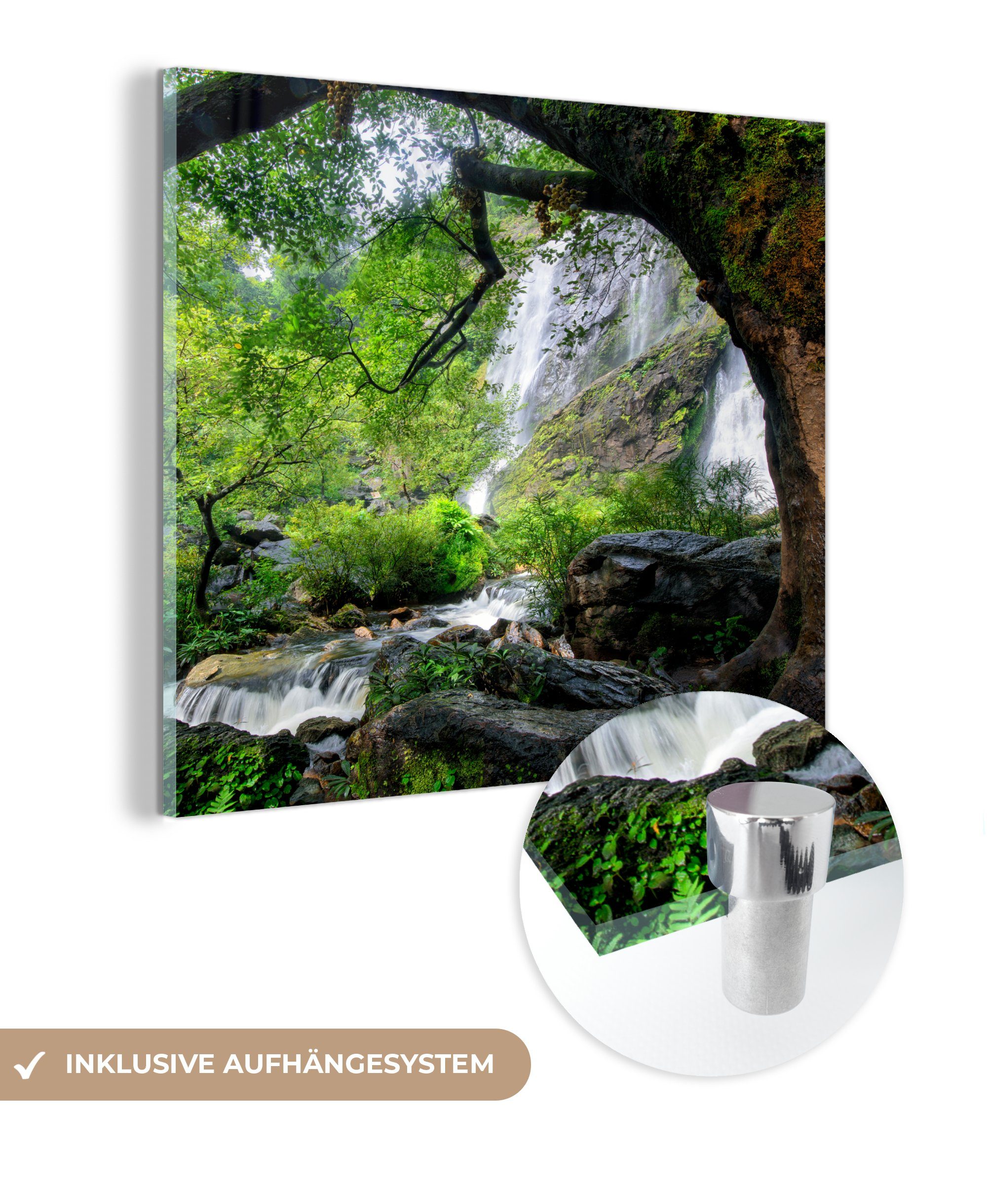 MuchoWow Acrylglasbild Viel Vegetation um einen steilen Wasserfall im Klong-Lan-Nationalpark, (1 St), Glasbilder - Bilder auf Glas Wandbild - Foto auf Glas - Wanddekoration
