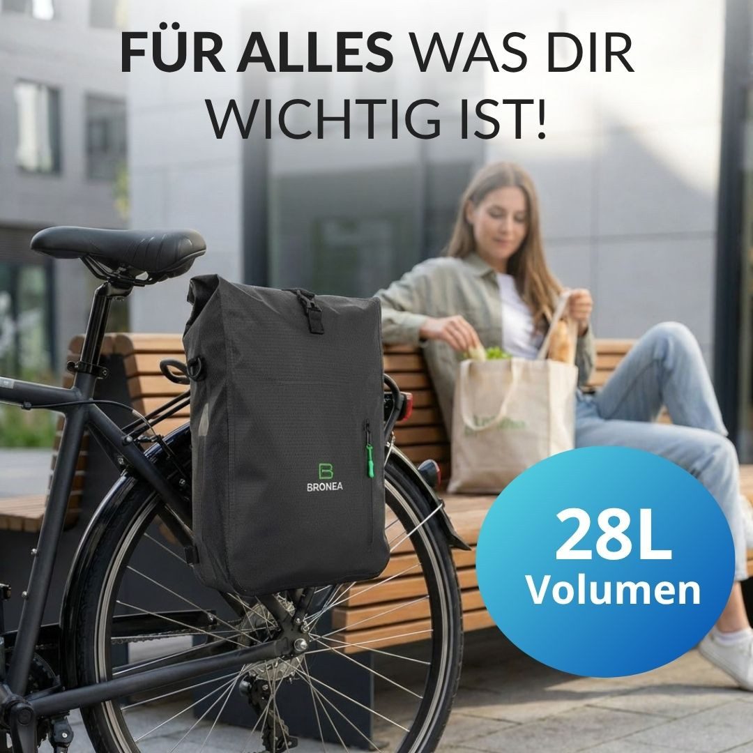 Bronea Fahrradtasche 3-in-1 Wasserdicht - 28L - SCHWARZ - Kombi Rucksack & Umhängetasche (Schnellmontage an Gepäckträger, integrierte Laptoptasche), Diamond-Struktur Laptoptasche 100% Wasserdicht Reflektierende Elemente