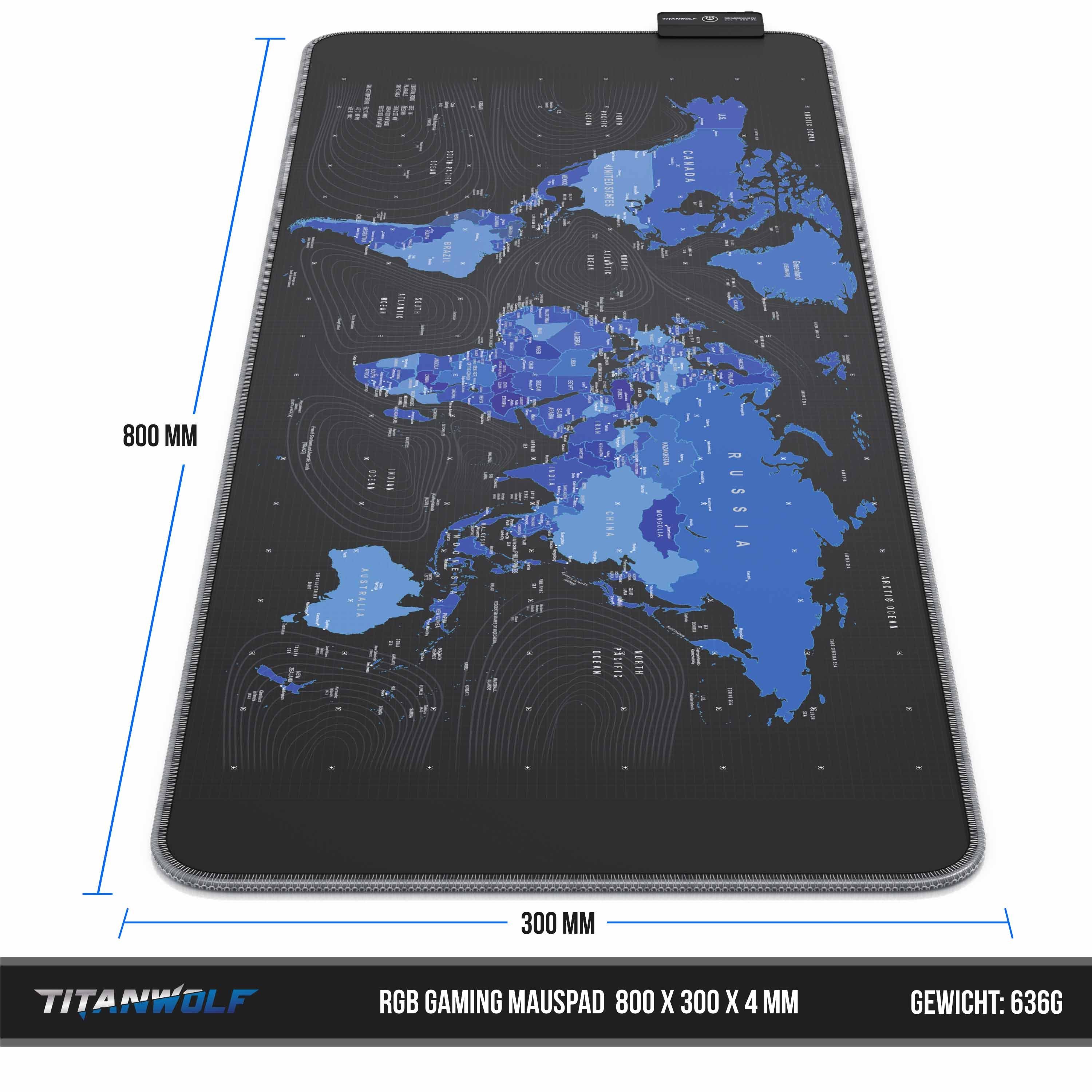 Titanwolf Gaming Mauspad RGB Mousepad 800 x 300 x 3 mm, LED Multi Color XL Tischunterlage (1-St), rutschfest, abwaschbar, Geschwindigkeit & Präzision, Weltkarte – Bild 4 von 5