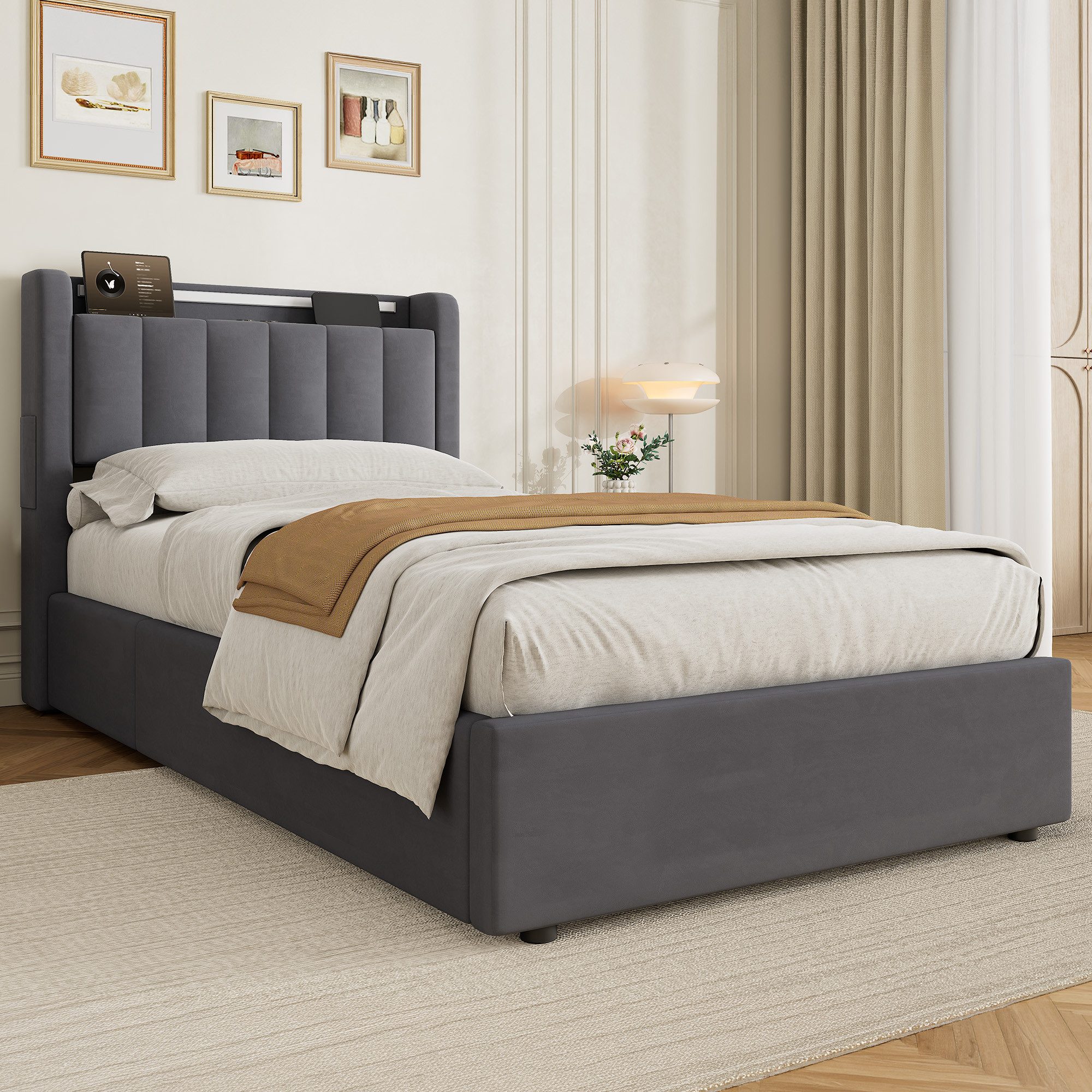 HAUSS SPOLE Polsterbett Stauraumbett mit Bettkasten,Einzelbett- oder Doppelbett erhältlich (90×200 Bettgestell Komfort-Einzelbett Schlafzimmerbett aus Samt, stabile Stahl-Holz-Konstruktion für hohen Schlafkomfort), Bettrahmen ohne Matratze