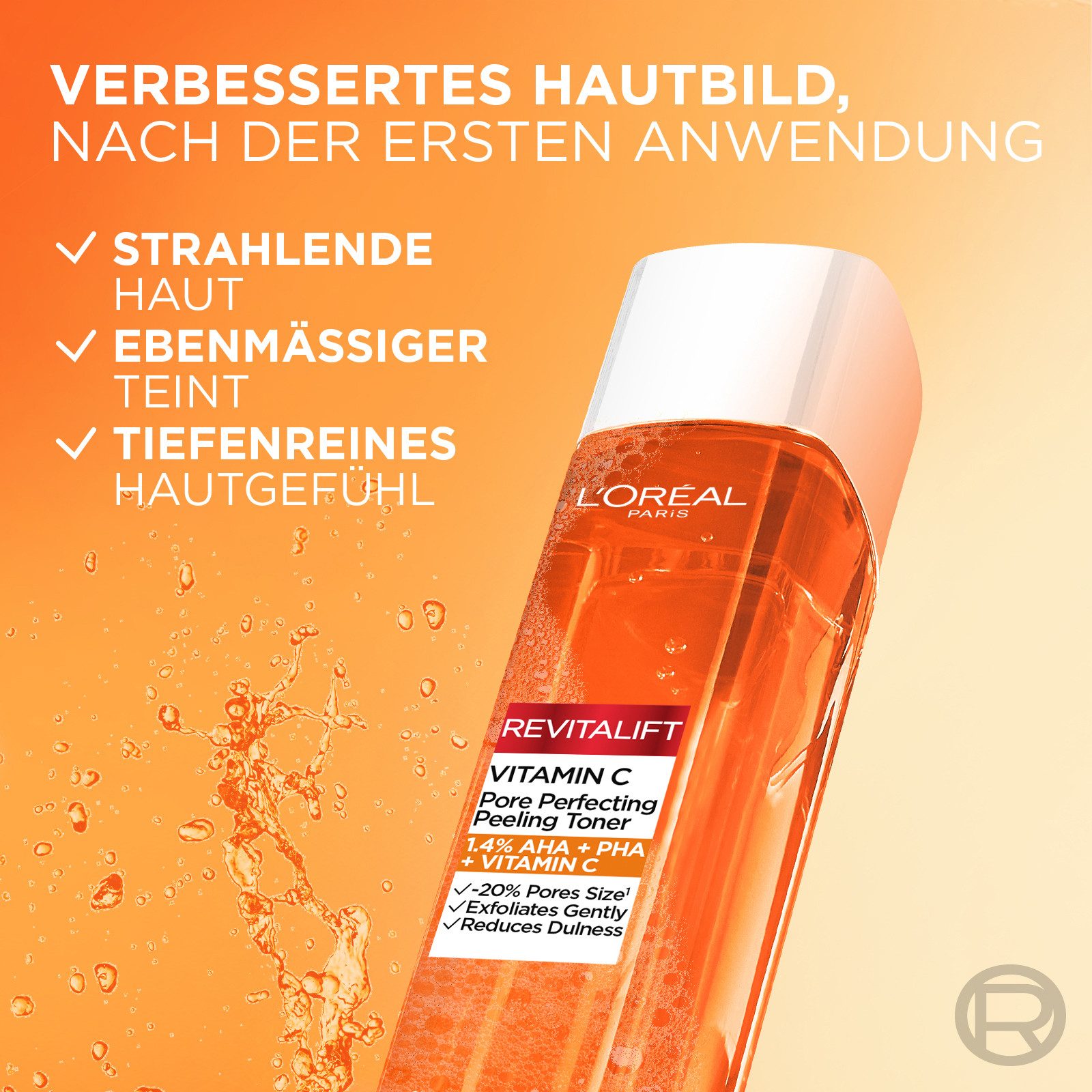 L'ORÉAL PARIS Gesichtsfluid REVTIALIFT CLINICAL VITAMIN C PORENVERFEINERNDER TONER, mit 1.4% PHA & AHA sorgen für sanftes Peeling