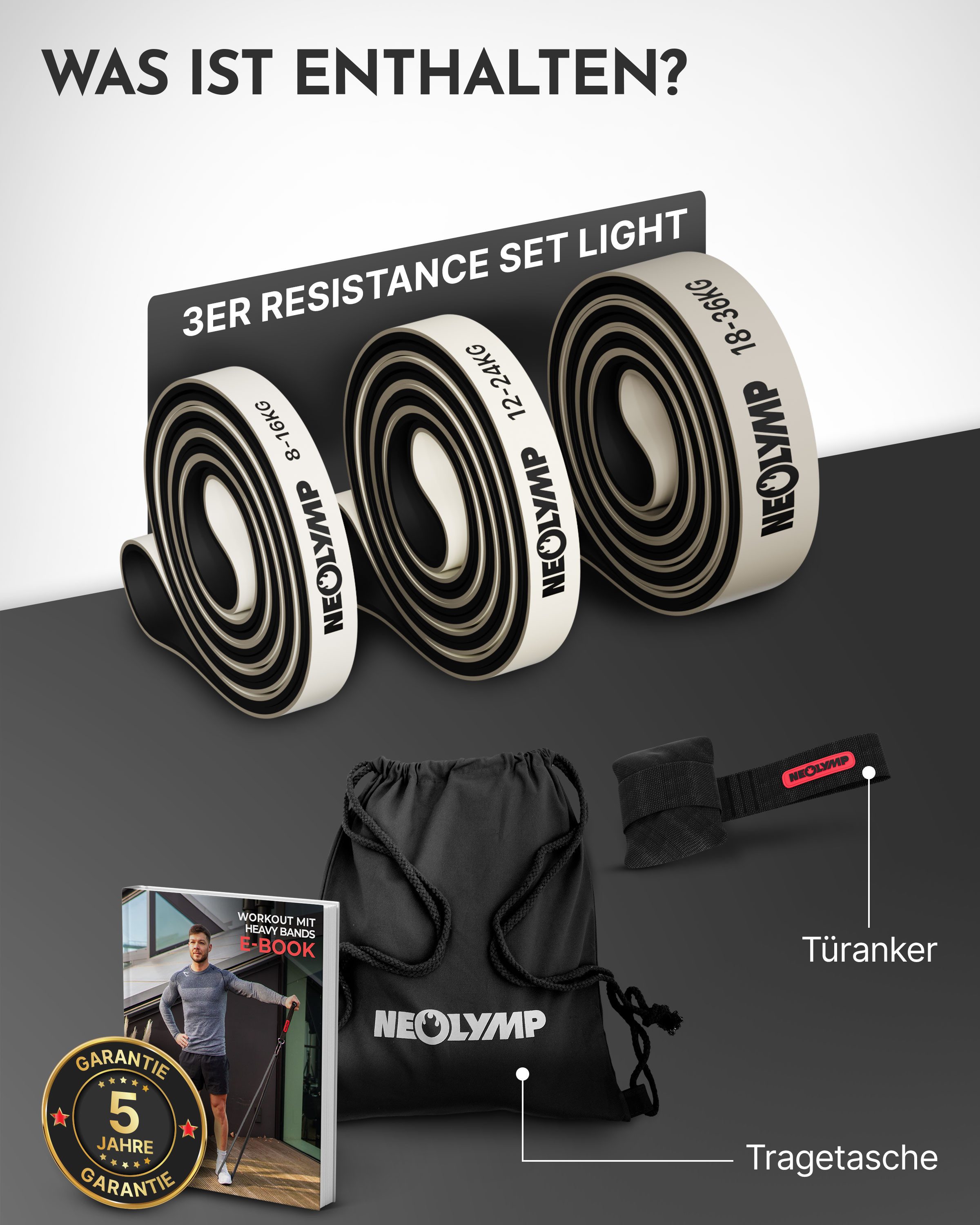 NEOLYMP Trainingsbänder Resistance Bands - Gym Zubehör für Ganzkörpertraining - Klimmzug Band, Kein Spannungsverlust,Hygienisch, Mehrschichtig, Naturlatex, Belastbar
