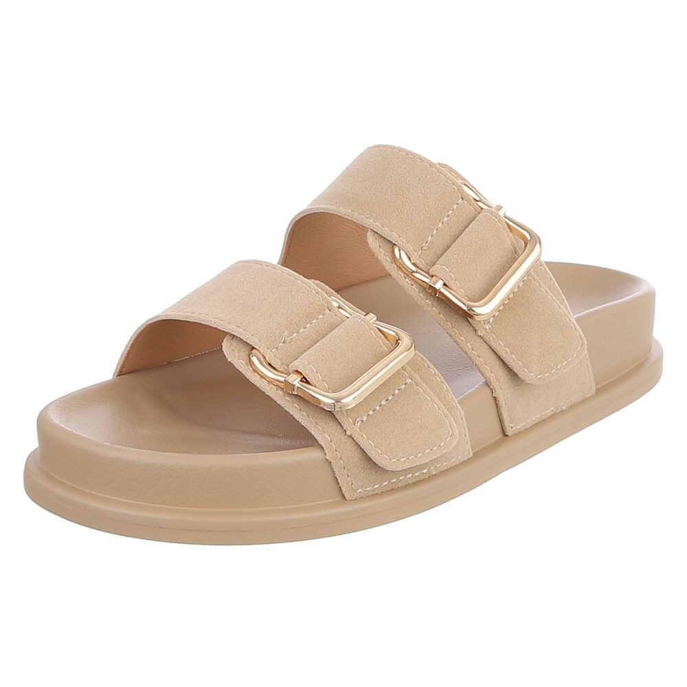 Ital-Design Damen Freizeitsandale mit Schnallen und Fußbett Pantolette (91971010) Flach Pantoletten in Beige