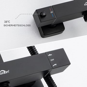 Auralum Duschsystem mit Thermostat Schwarz,Duscharmatur Edelstahl Regendusche mit Armatur, inkl. Handbrause,Kopfbrause,Verstellbarer Duschstange