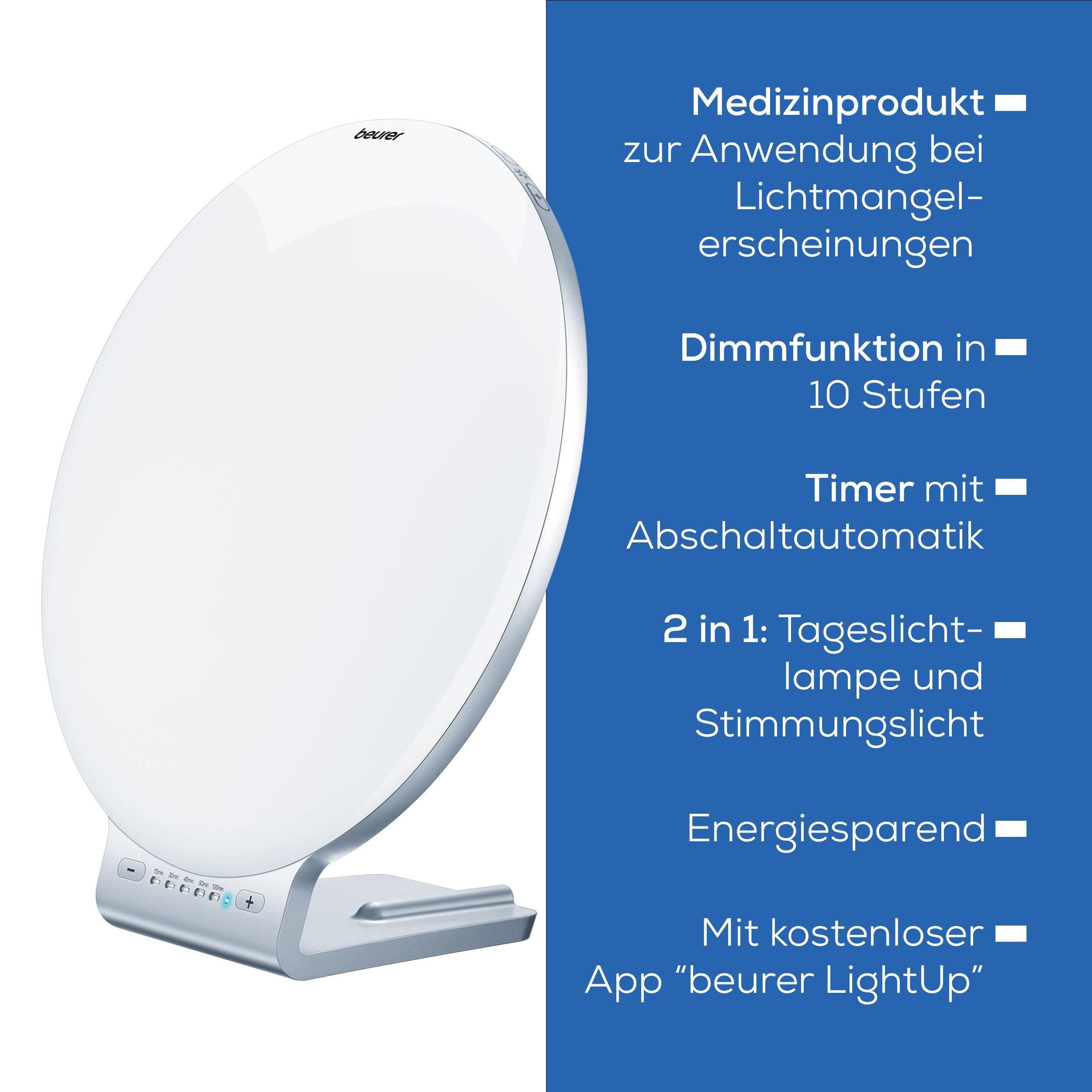 BEURER Tageslichtlampe TL 100 mit 10.000 Lux Lichtstärke bei 10 cm Abstand, Dimmfunktion, LED fest integriert, Farbwechsler, Stimmungslicht mit Farbwechselfunktion, Timer, Dimmer, Medizinprodukt