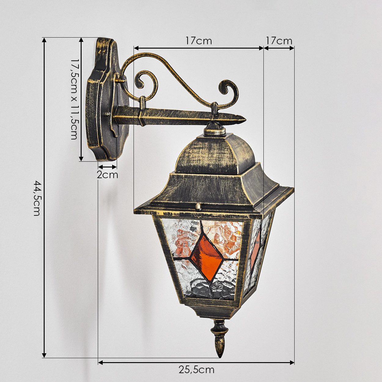 hofstein Außen-Wandleuchte Außenwandlampe aus Metall/Glas in Gold/Schwarz/Klar/Bernstein, ohne Leuchtmittel, Außenwandleuchte im Retro/Vintage/Antik/Landhaus-De – Bild 4 von 5