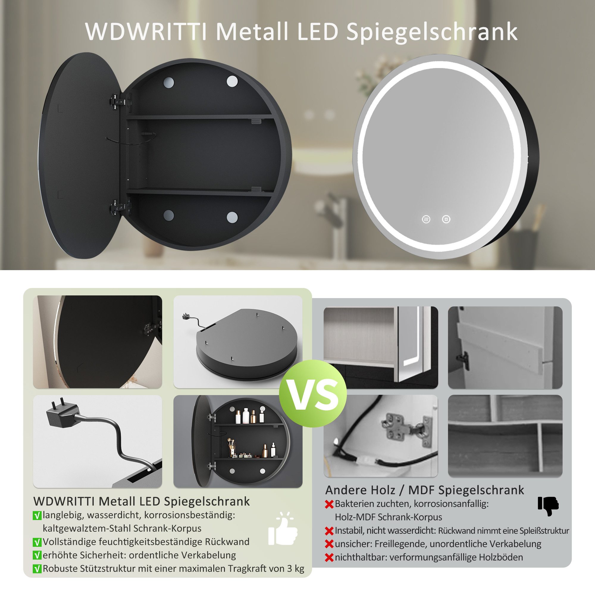 WDWRITTI Spiegelschrank Bad mit Beleuchtung Badezimmerspiegelschrank mit LED ∅80cm, ∅60cm (Wandschrank Badezimmer Rund 60x60cm 80x80cm, 3Lichtfarben, Dimmbar, Anti-fog, Speicherfunktion) Metall Schrank, Stahlblechregale, mit Netzadapter, IP44