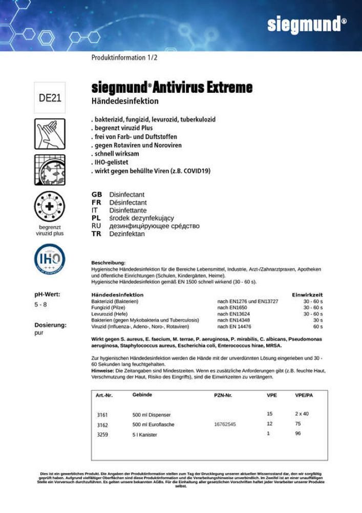 siegmund care siegmund Antivirus extreme (Push-Pull-Flasche 500ml) Hand-Desinfektionsmittel (1-St. Auf hochwertiger Iso-Propanol-Basis)
