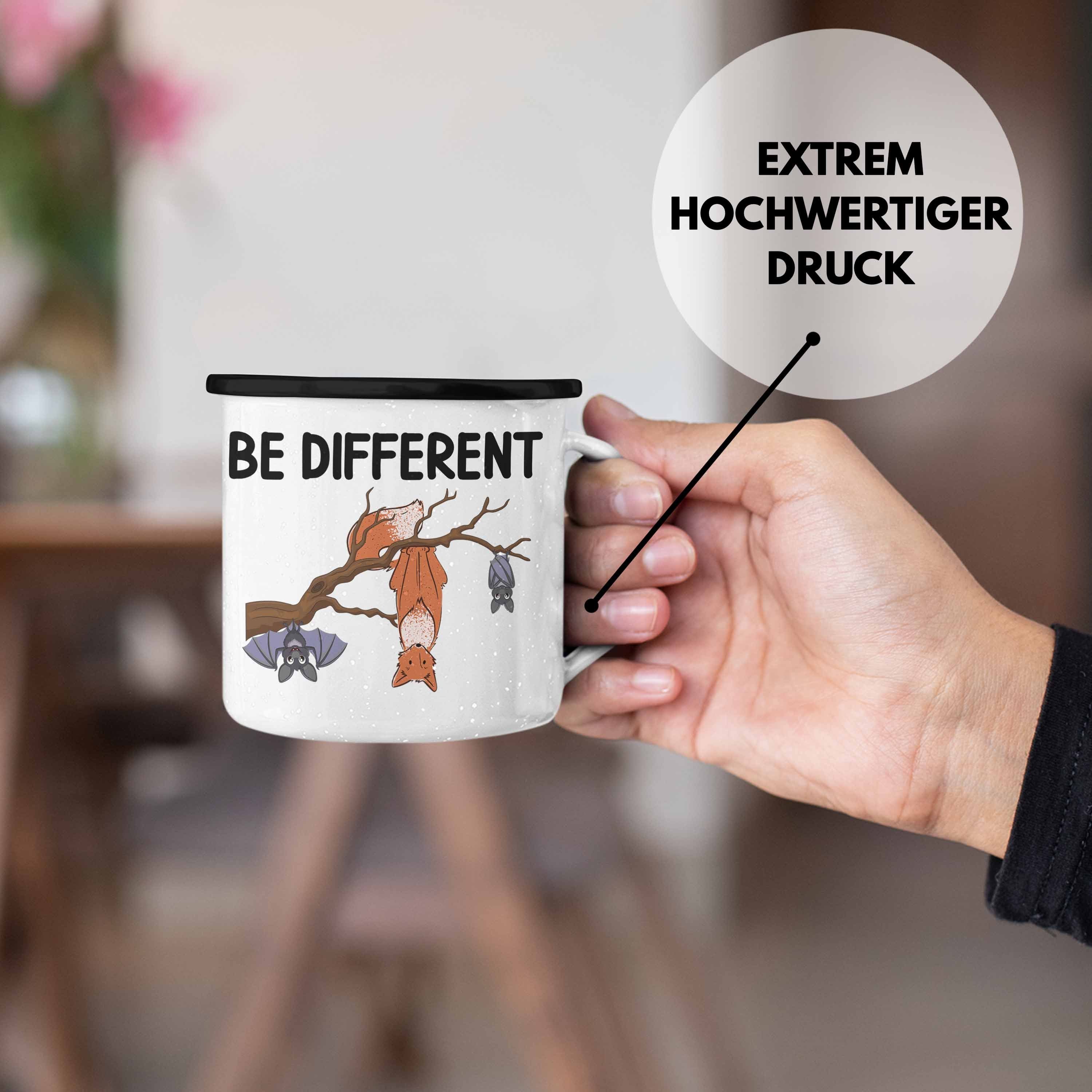 Trendation Thermotasse Trendation - Fuchs Different Fledermaus Emaille Geschenkidee Be Frauen Geschenk für Tasse Schwarz