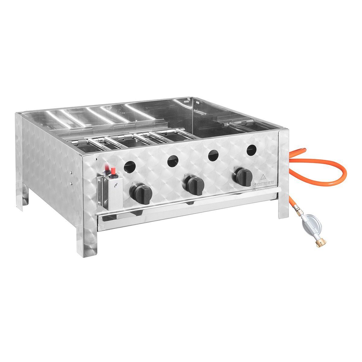 GastroHero Gasgrill Tischbräter - 3 Brenner 10 kW, 65x57x27 cm Tischgrill Gas-Grill Event, Piezozündung, Grillfläche: 63x50 cm, inkl. Gitter und Fettwanne