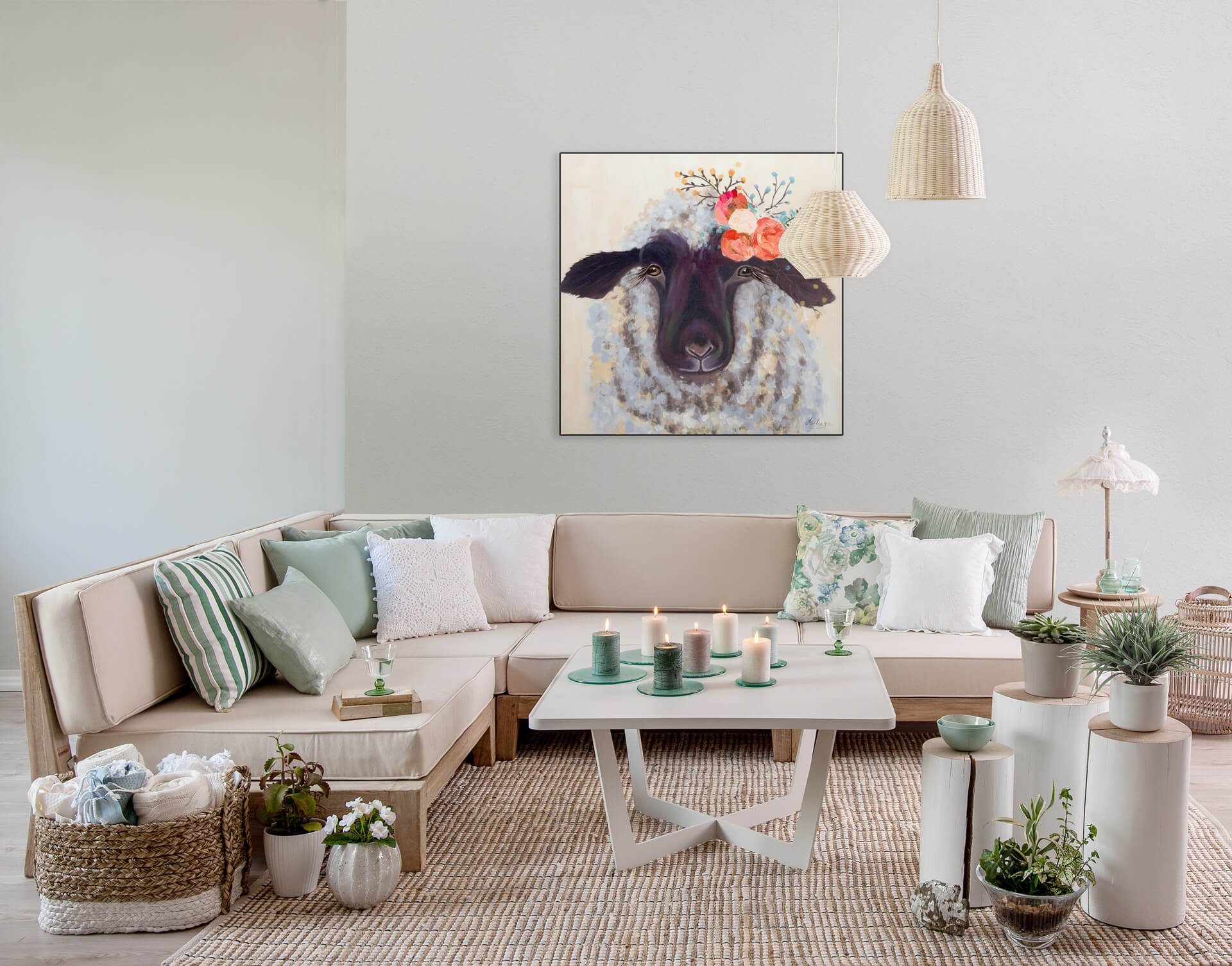 KUNSTLOFT Gemälde Content Ewe 80x80 cm, Leinwandbild 100% HANDGEMALT Wandbild Wohnzimmer
