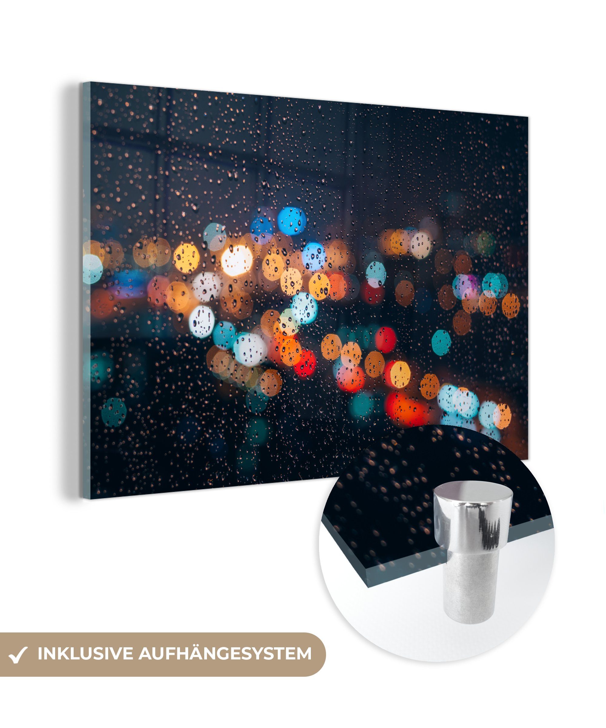 MuchoWow Acrylglasbild Unscharfe Lichter mit Makroregen im Vordergrund, (1 St), Acrylglasbilder Wohnzimmer & Schlafzimmer