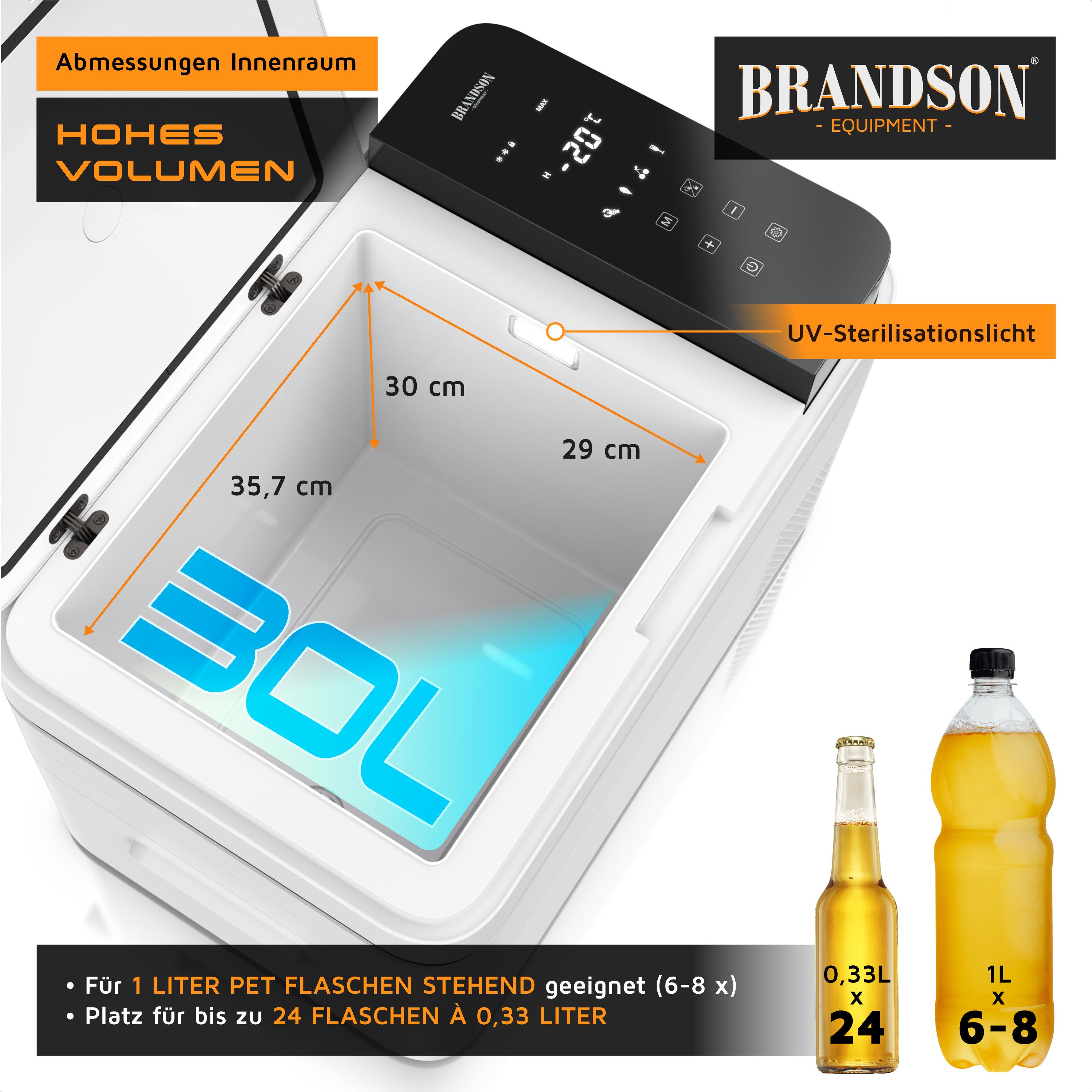 Brandson Elektrische Kühlbox Kompressor Kühlbox, bis – 20°C, ECO Modus, 30 L, für Auto & Haus, 30 l, APP-Steuerung, UV-Sterilisation, Batterieschutz, 12 V, 24 V, 230 V