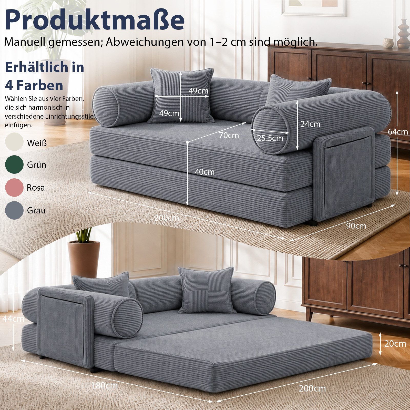 Hoolamyie Sofa 6-in-1 Cord Schlafsofa mit Schlaffunktion, 200 cm breit, 2-Sitzer, Modulares Sofa, ohne Montage, komprimiert verpackt, bis 200 kg – Bild 2 von 5