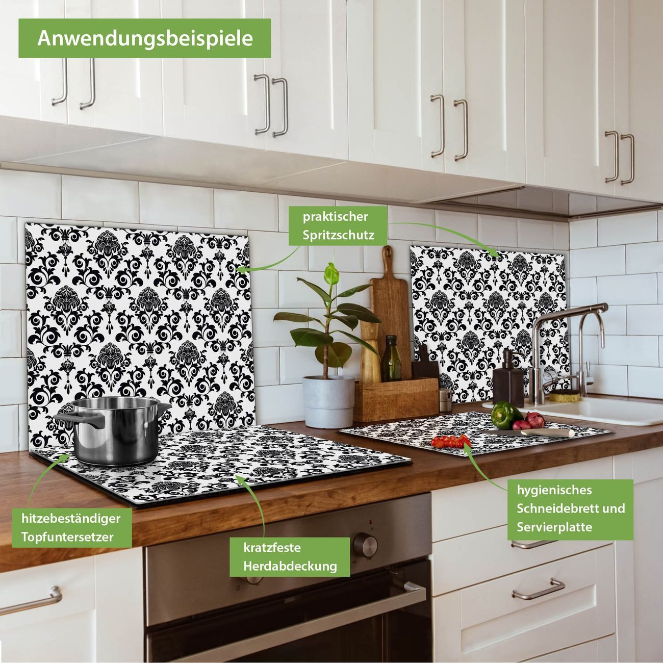 banjado Herd-Abdeckplatte einteilig aus Glas mit Motiv Barock, (gehärtet, 1 tlg., inkl. selbstklebende Gummifüßchen)