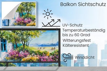 MuchoWow Balkonsichtschutz Malerei - Pflanzen - Blumen - Haus - Öl (1-St) Balkonbanner, Sichtschutz für den Balkon, Robustes und wetterfest