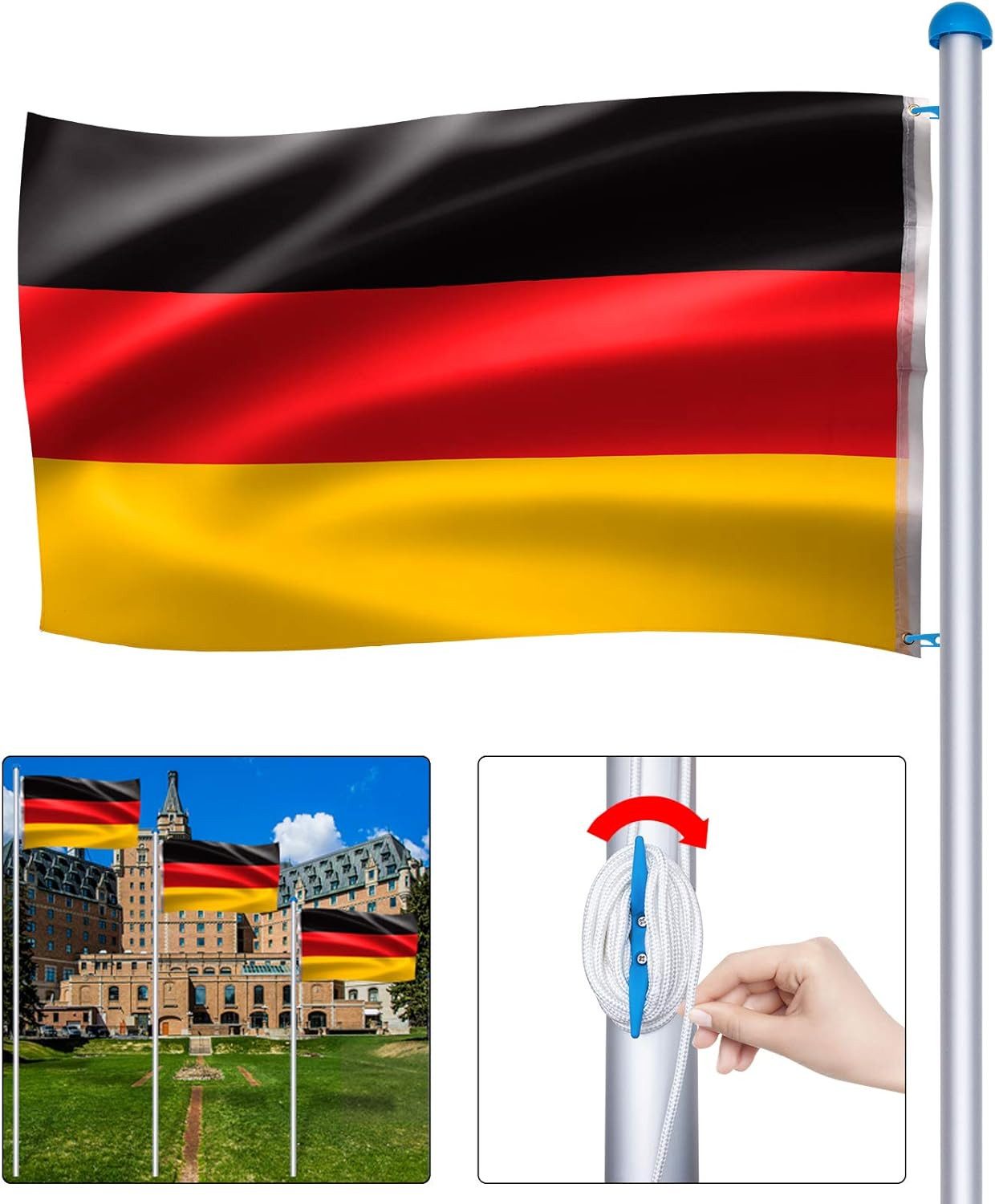 FIVMEN Fahnenmast Aluminium Fahnenmast 6,5m Stabil Bodenhülse 50cm, Deutschlandfahne Teleskop Flaggenmast