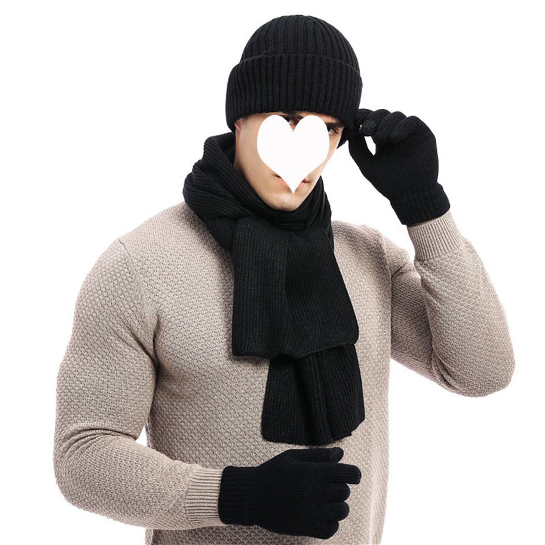 DÖRÖY Strickmütze Wintermütze aus verdickter Wolle,Warmer Mützenschal Handschuhe 3er Set Schwarz