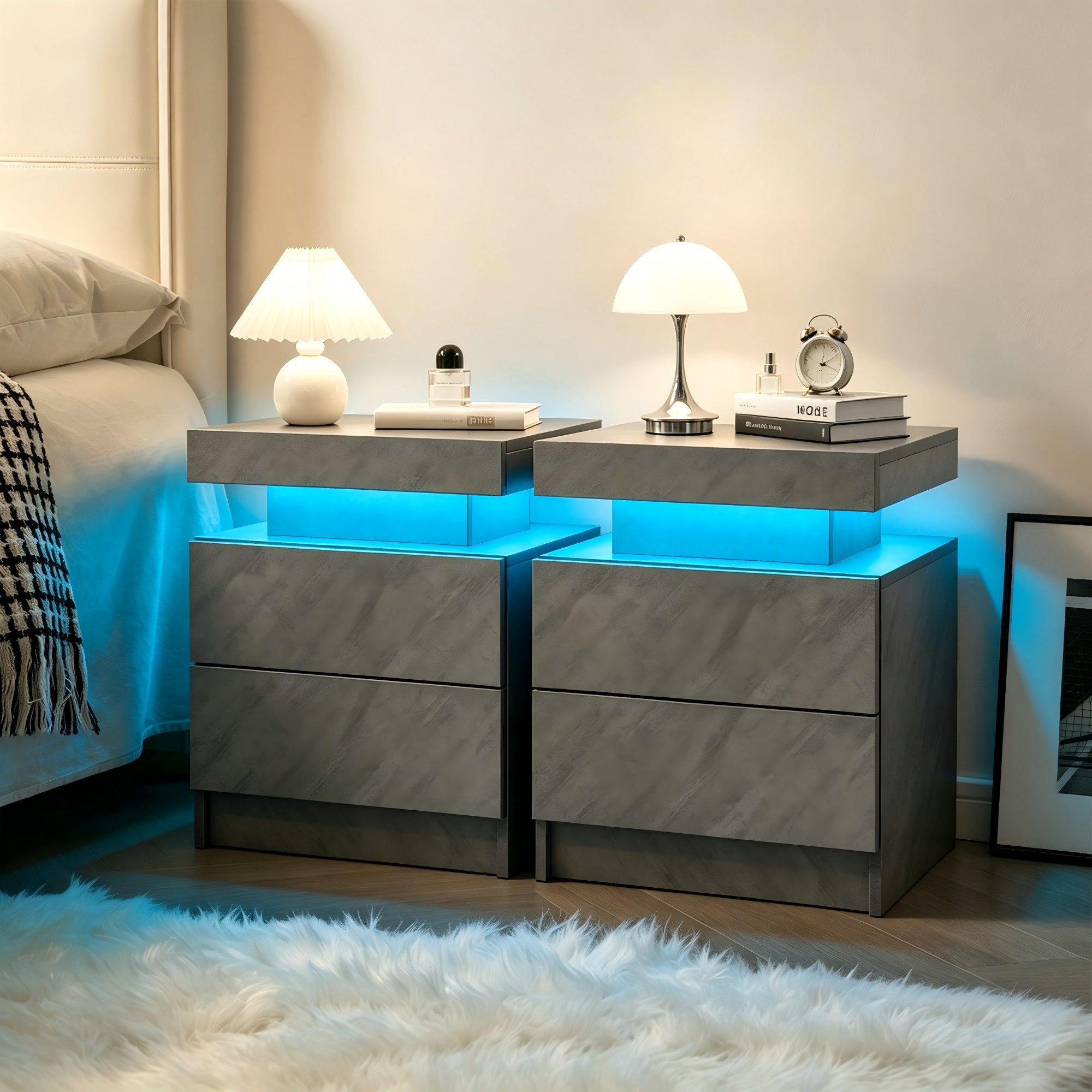 Fine Life Pro Nachttisch LED-Nachttische (2er-Set) – Moderner Beistellschrank mit Beleuchtung