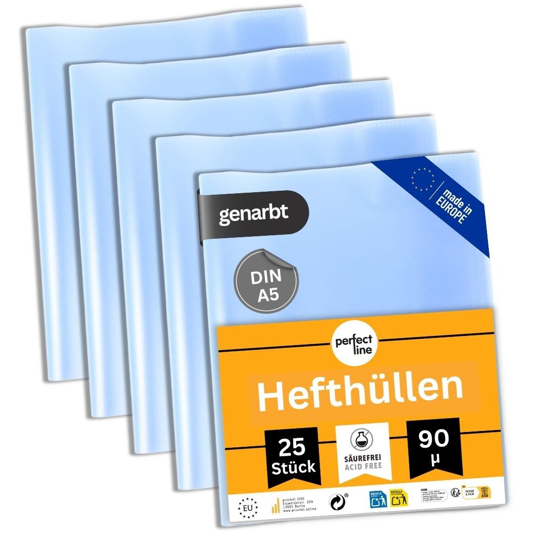 perfect line Schulheft 25 Hefthüllen DIN A5, genarbt, transparent, 90 my, PP, dokumentenecht, säurefrei, Made in EU