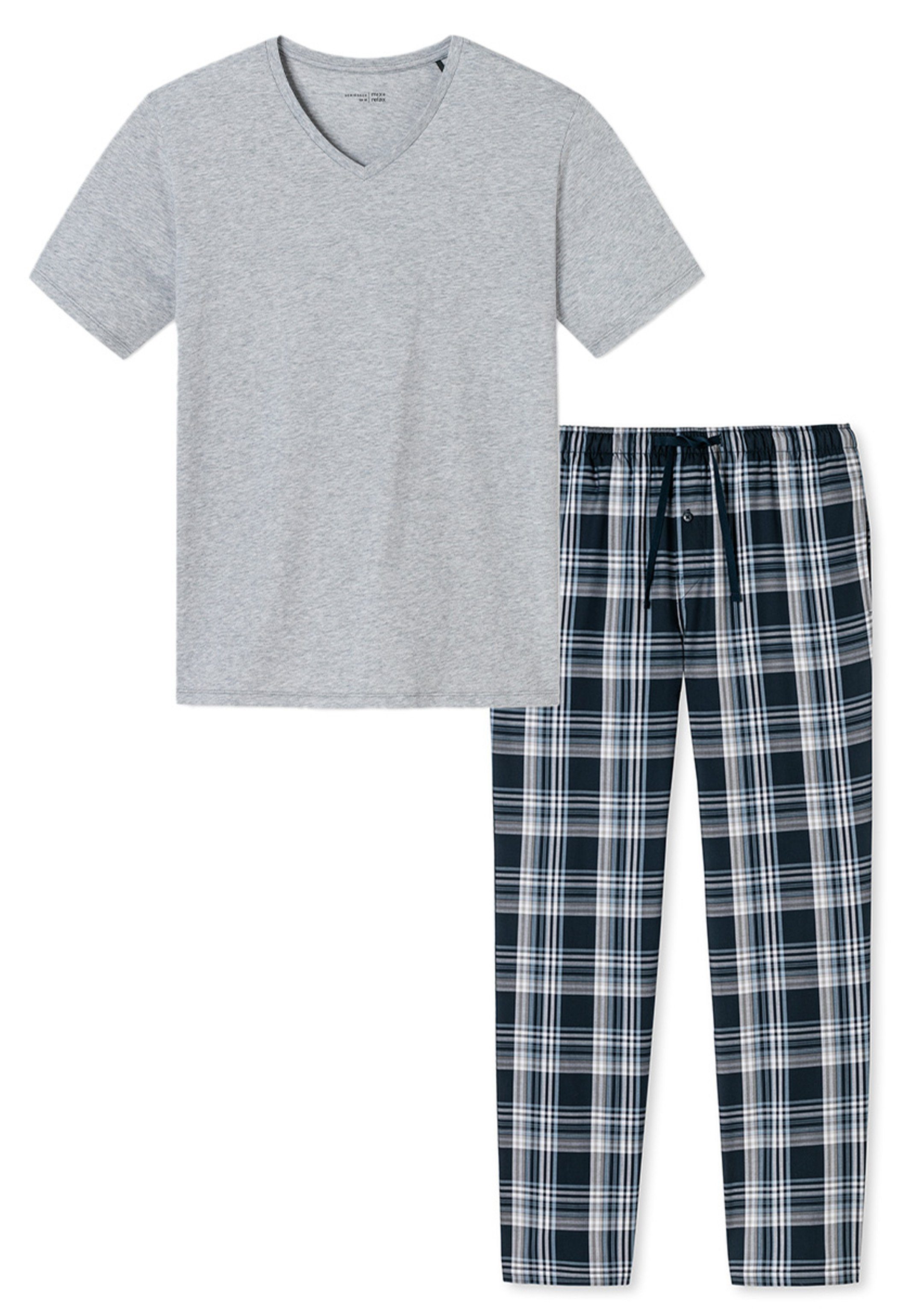 Baumwolle - tlg) (Set, V-Ausschnitt 2 - Kurzarm-Shirt Mix mit Schiesser Schlafanzug Pyjama