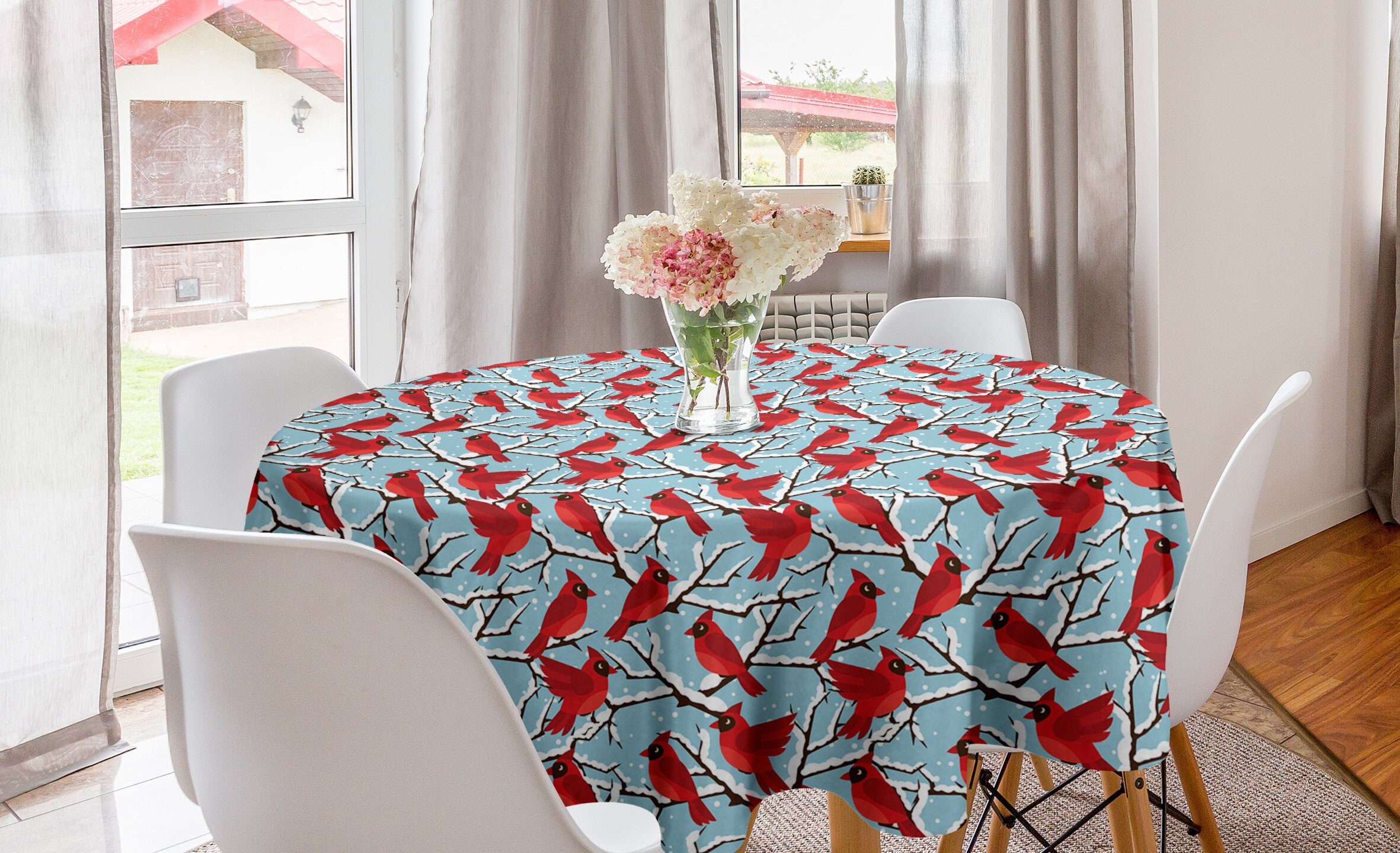 Abakuhaus Tischdecke Kreis Tischdecke Abdeckung für Esszimmer Küche Dekoration, Northwoods Kardinal Vögel Bäume