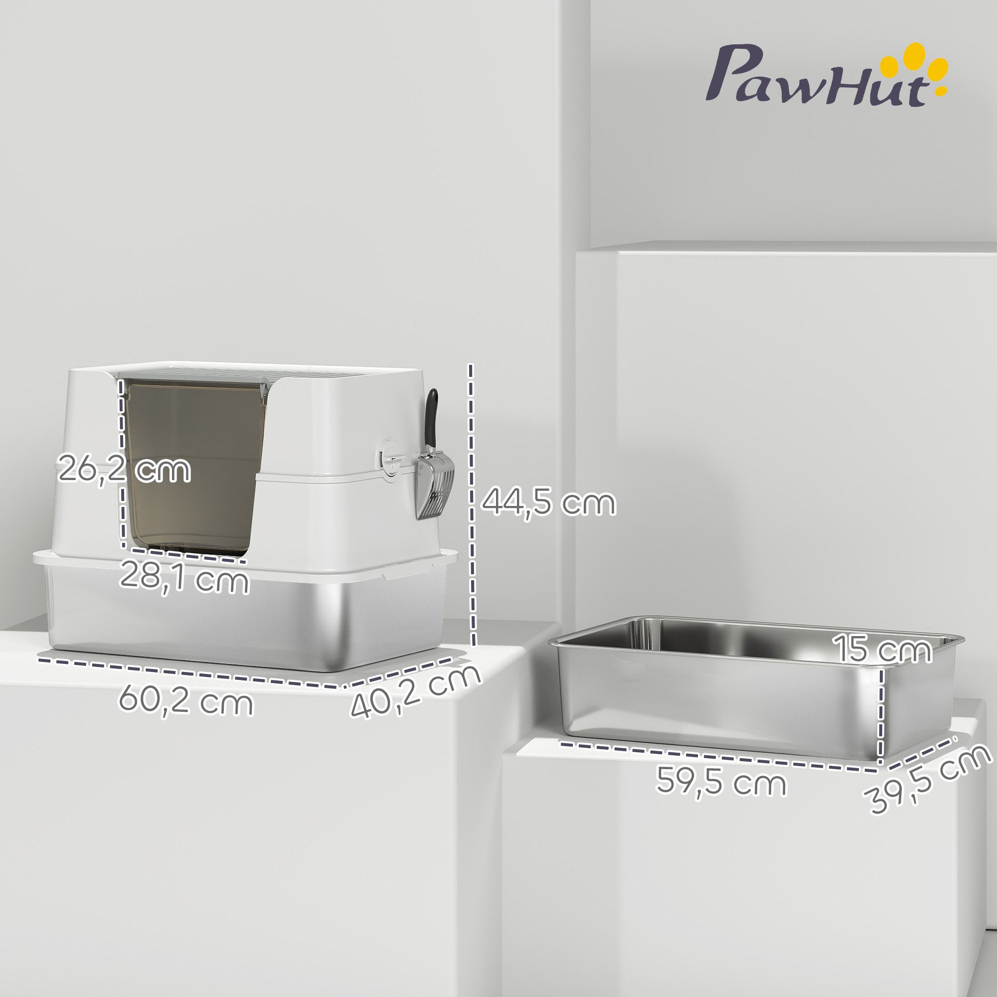 PawHut Katzentoilette Katzenklo Edelstahl mit Deckel XL, für große Katzen bis zu 15 kg, 60,2 x 40,2 x 44,5 cm Hellgrau
