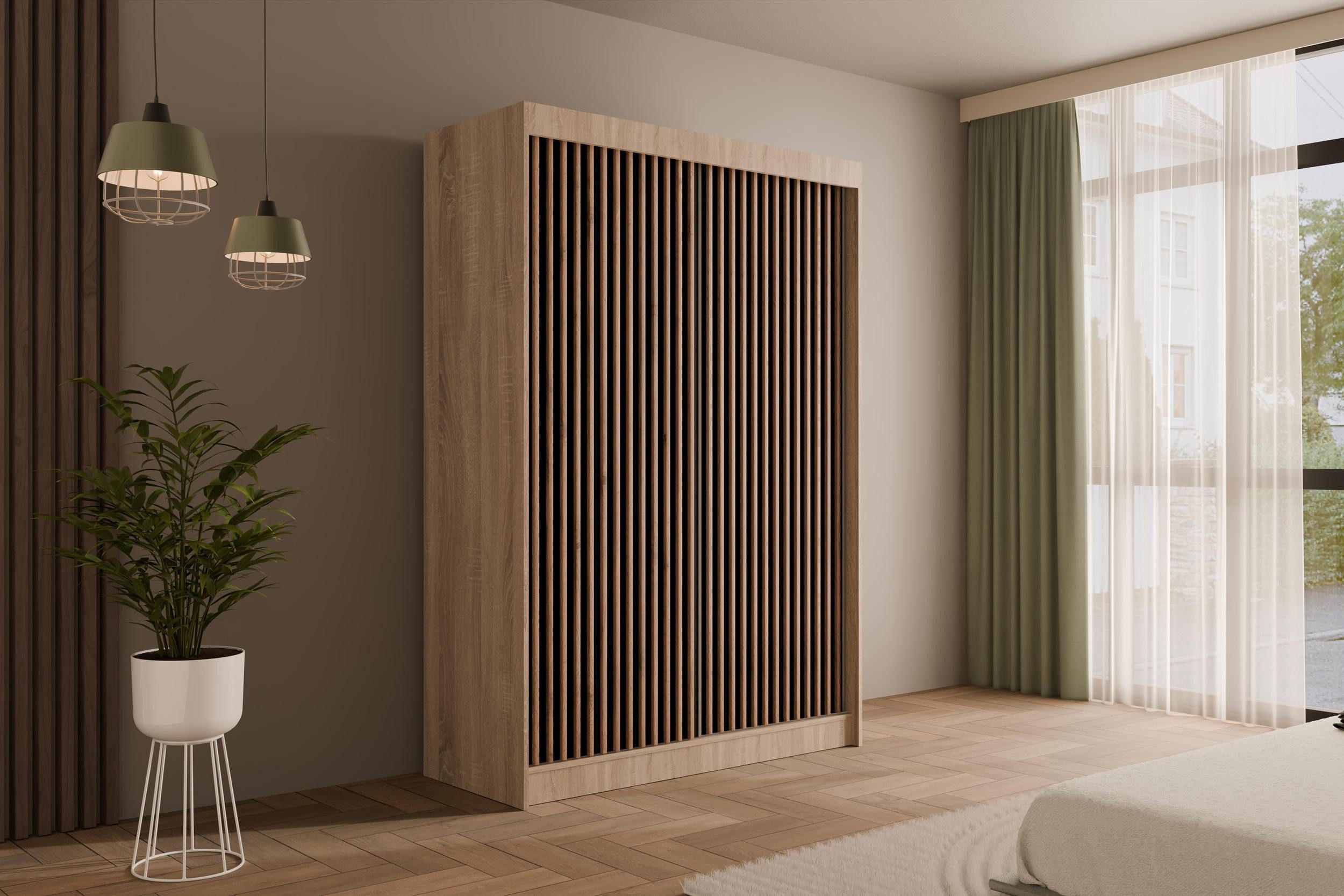 ALTDECOR Schiebetürenschrank VILANv2 (Kleiderschrank Garderobenschrank mit viel Stauraum Moderner Schrank) Vielseitiger Schwebetürenschrank Lamellen LED Beleuchtung