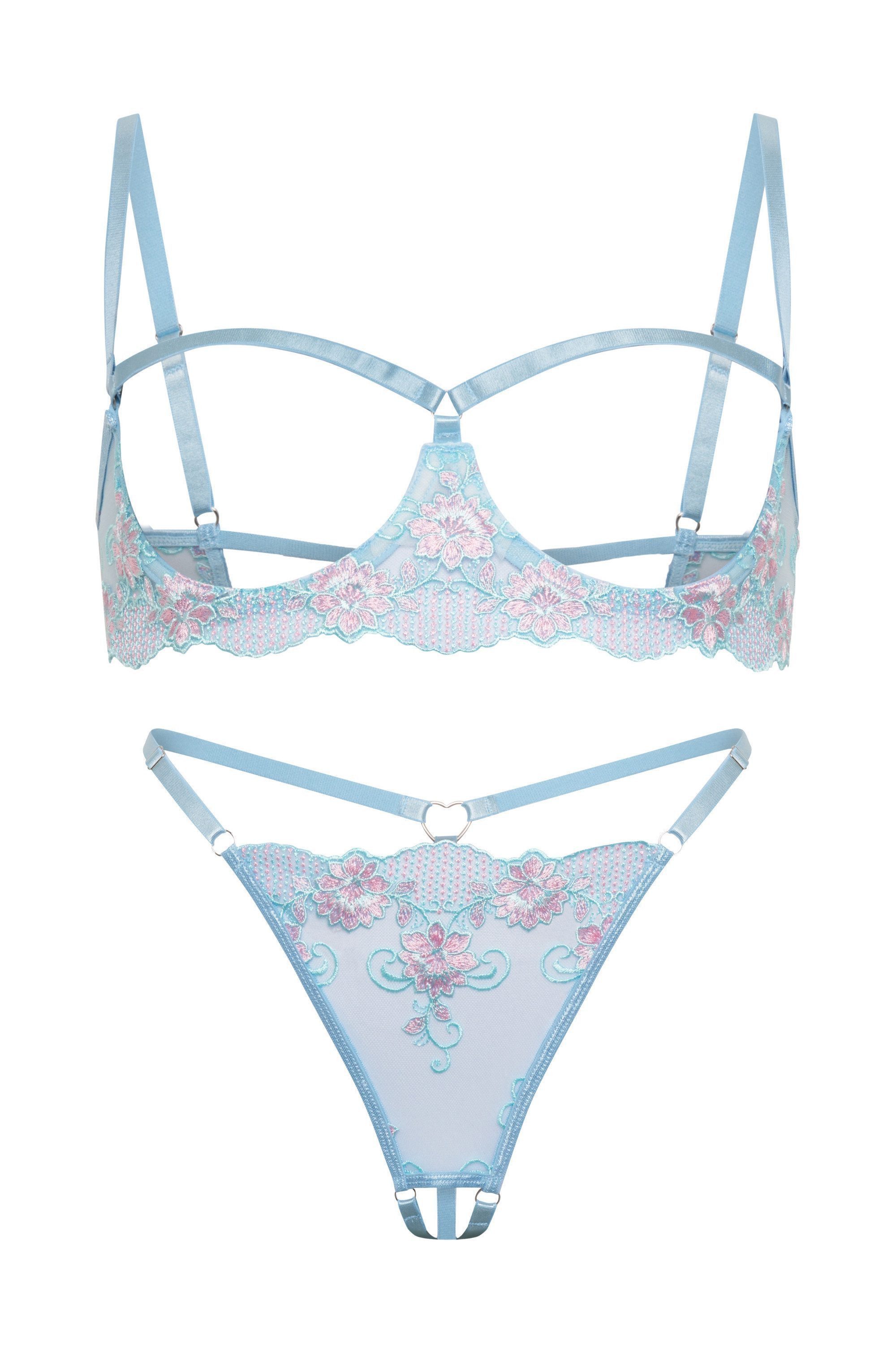 Elegant Love Set: Ouvert-BH Dessous-Set – Reizwäsche aus Spitze mit floraler Stickerei & String (Set, 2-tlg., mit Ouvert-Tanga) Lingerie-Set – Bügel-BH mit offenem Cup & Tanga mit offenem Schritt