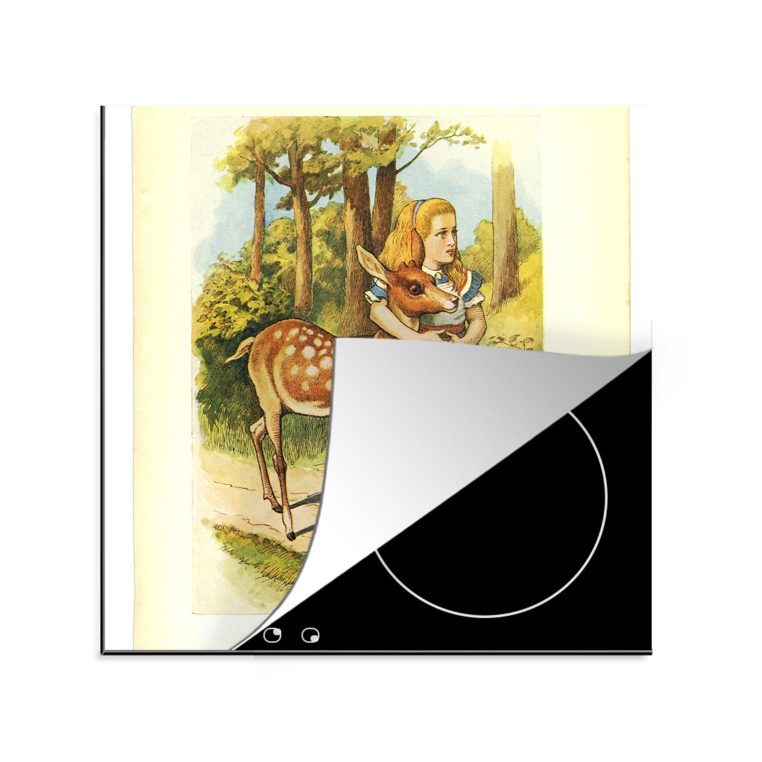MuchoWow Herdblende-/Abdeckplatte Vintage-Illustration Alice mit den Hirschen, Vinyl, (1 tlg), 78x78 cm, Ceranfeldabdeckung, Arbeitsplatte für küche