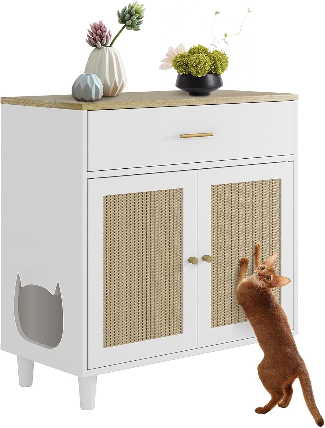GarveeMore Katzentoilette mit Kratzbrettern,Schublade & Stauraum,80x40x84cm, Katzenschrank,Passend für die meisten Katzentoiletten