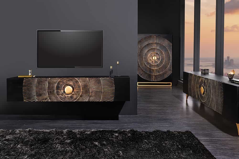 riess-ambiente Lowboard GOLDEN SUNSET 180cm schwarz/gold - Schnitzereien, Metallfüße, glamour (Einzelartikel, 1 St), Mango-Massivholz · Metall · TV-Schrank · 3D – Bild 5 von 5