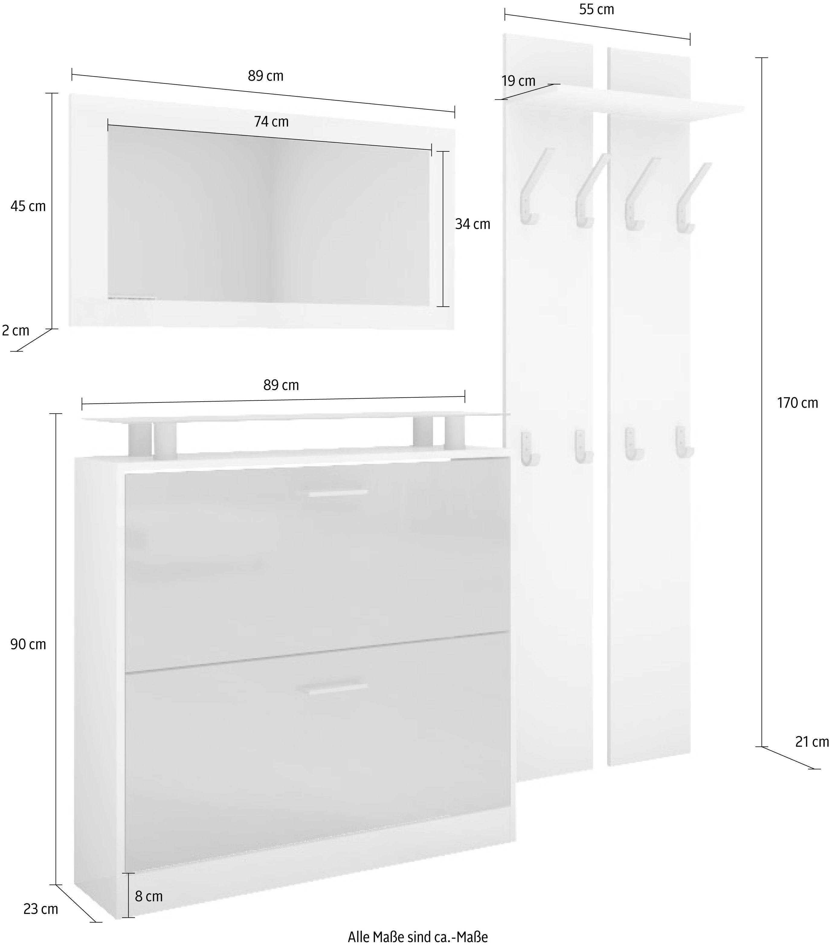 borchardt Möbel Garderoben-Set Finn, weiß 3-St), (Set, mit matt/eichefarben Glasablage wotan
