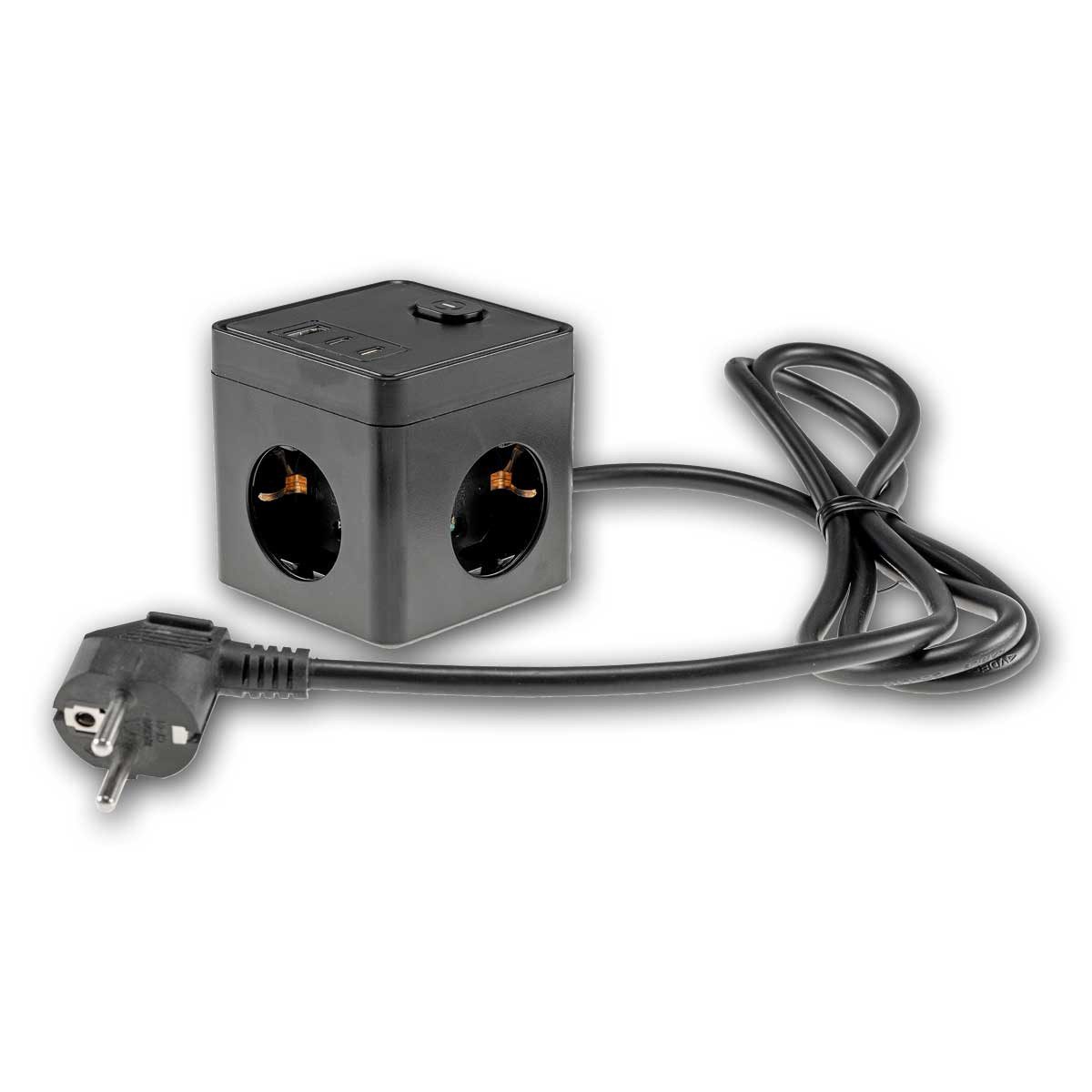 ChiliTec Steckdose Steckdosen-Würfel 3-fach mit USB-A&C & Schalter sw