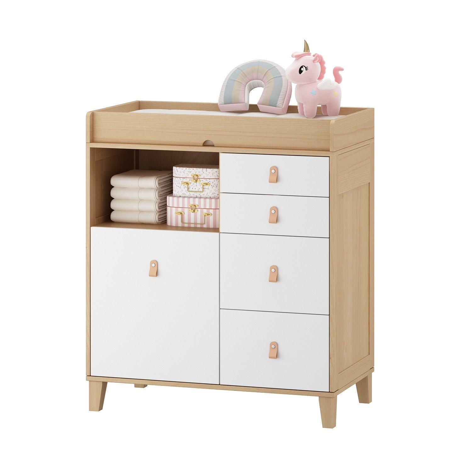 Wickelkommode mit 5 Schubladen, 85*46*98 cm, MDF, weiß+Holzfarbe