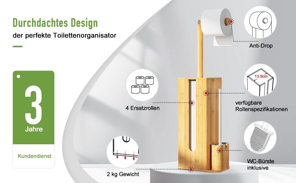 Rainsworth Toilettenpapierhalter x mit cm, 72,6 x Mit 15.5 (HBT 21.5 Toilettenpapieraufbewahrung Stehend und WC-Garnitur Bambus, Toilettenbürste WC-Bürstenhalter)