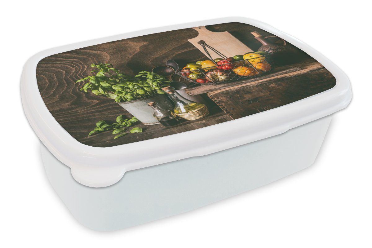 MuchoWow Lunchbox Gemüse - Kräuter - Rustikal - Stilleben - Basilikum, Kunststoff, (2-tlg), Brotbox für Kinder und Erwachsene, Brotdose, für Jungs und Mädchen weiß