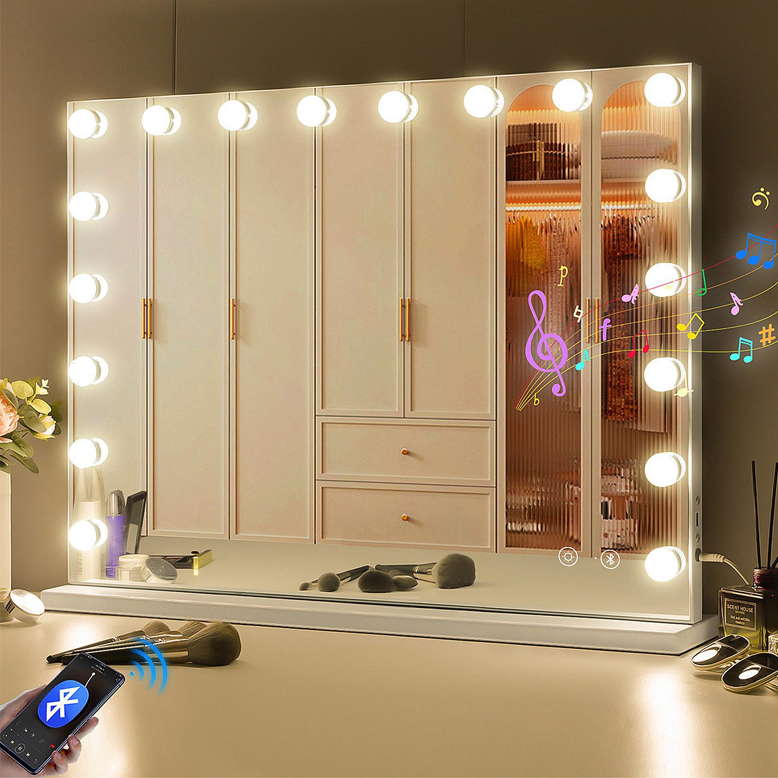 FENCHILIN Schminkspiegel mit LED-Beleuchtung und Bluetooth weiß 80/58 cm günstig online kaufen