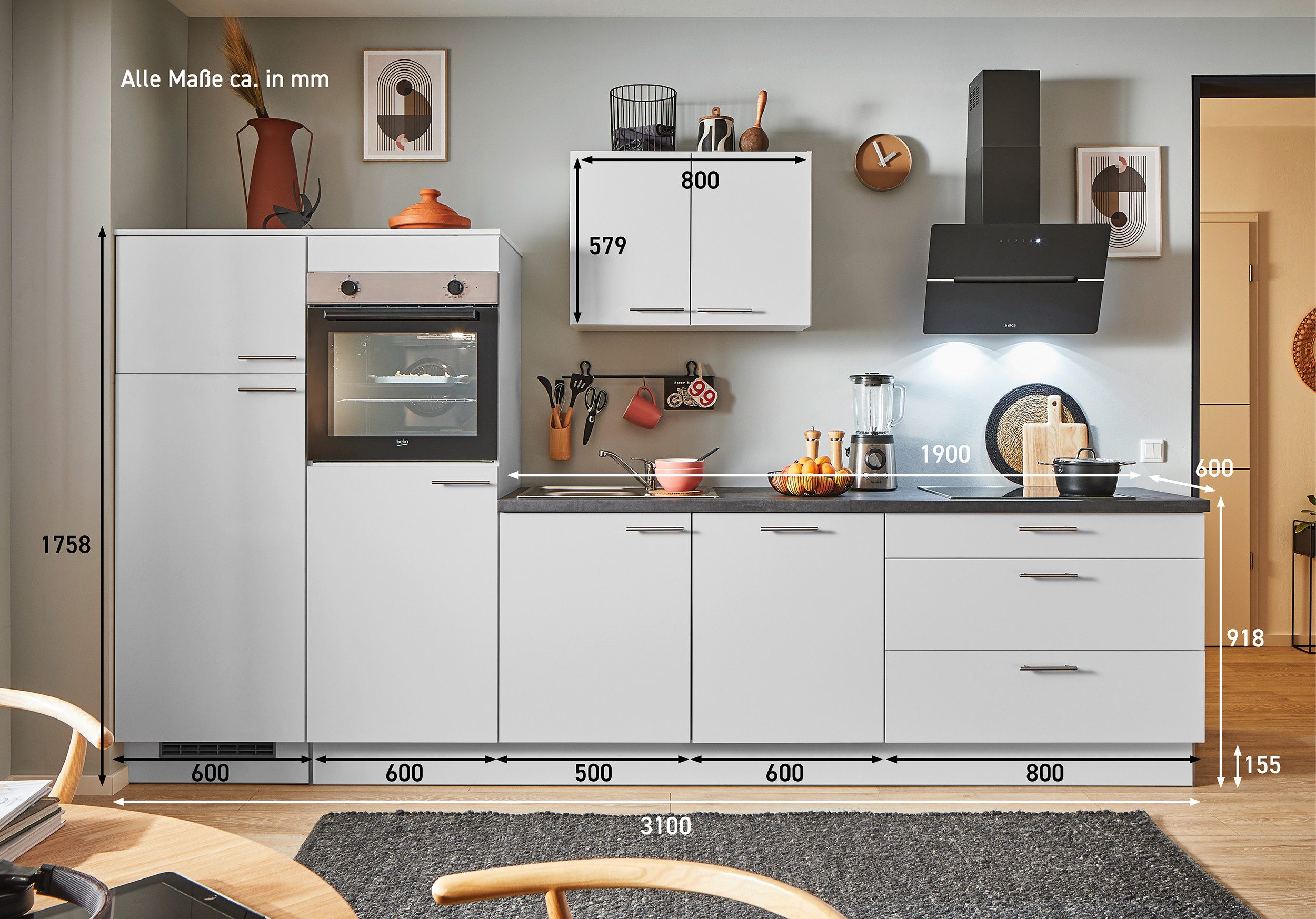 pino Küchenzeile Veas, individuell anpassbar, gratis Küchenplanung mit Profis, (Breite 310cm), vormontiert, wahlw. mit E-Geräten, Preis inkl. Lieferung