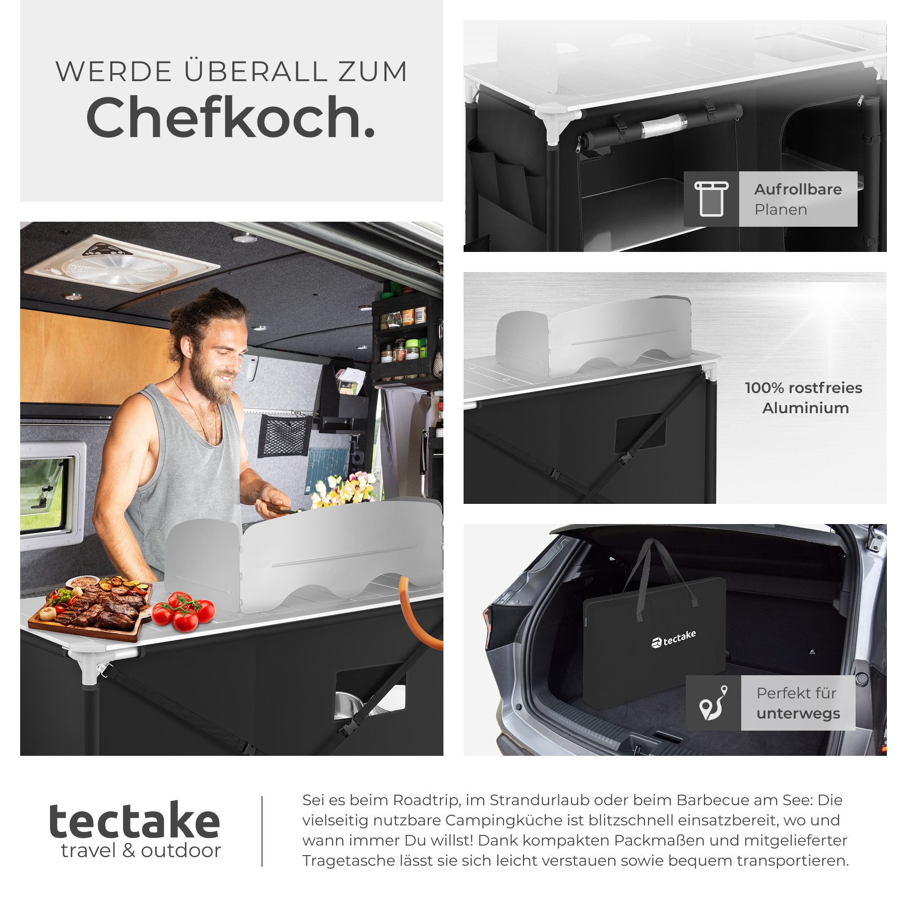 tectake Campingtisch Campingküche Luxus mit 4 Fächern (1-St., 1 tlg), Vielseitige Aufbauküche